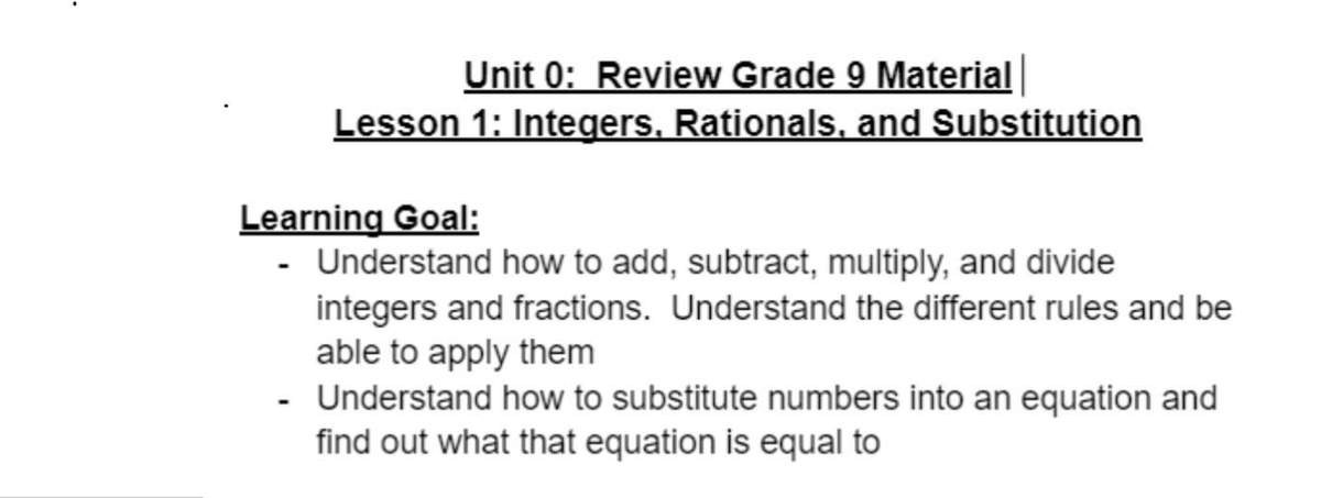 Grade 9 Math: Lesson 1 - Integers, Rationals & Substitution Review ...