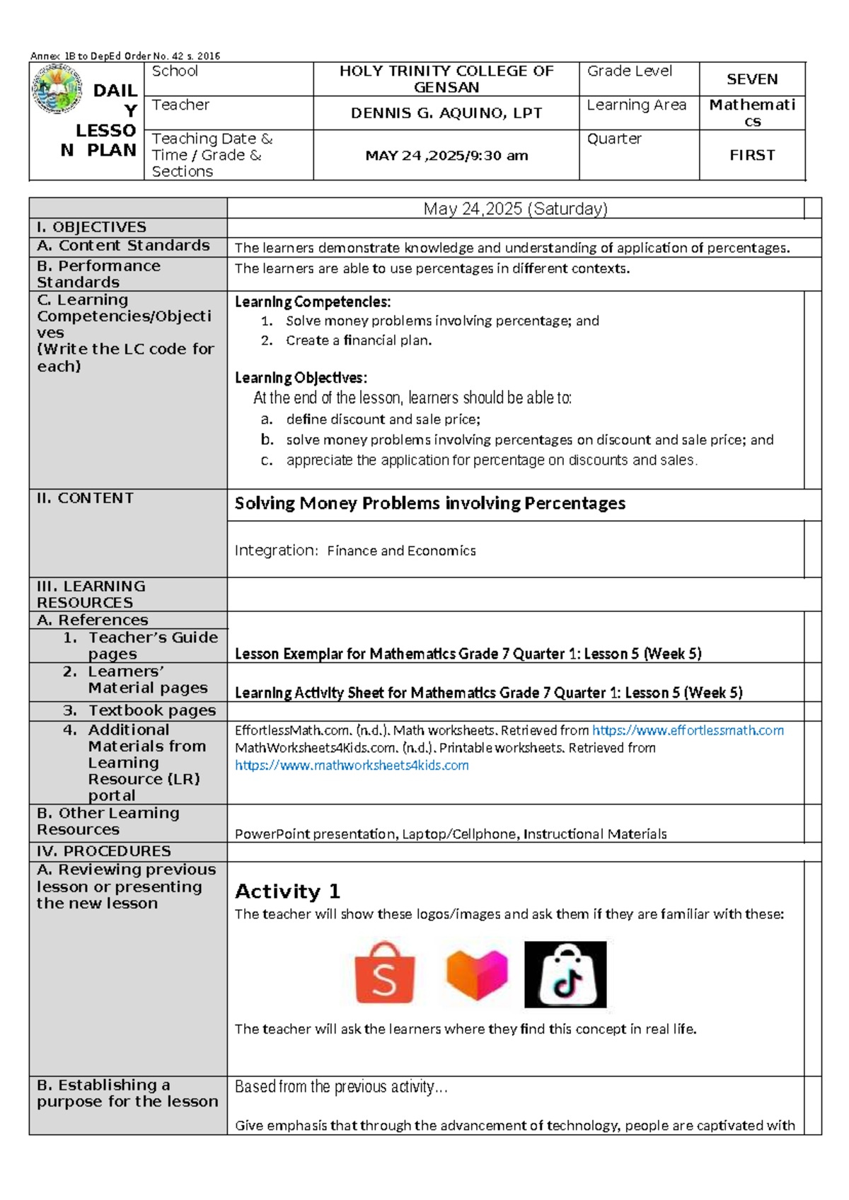 Aquino Grade 7 Math Lesson Plan: Solving Money Problems with ...