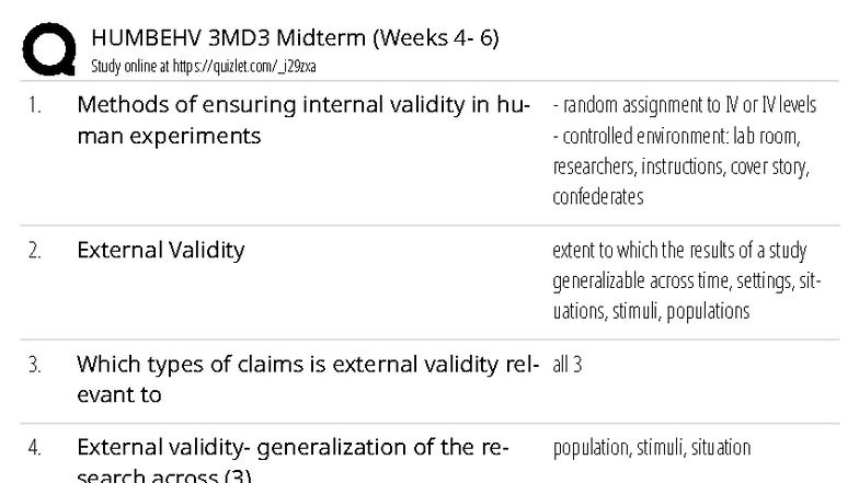 HUMBEHV 3MD3 Midterm Study Notes: Internal & External Validity - Studocu