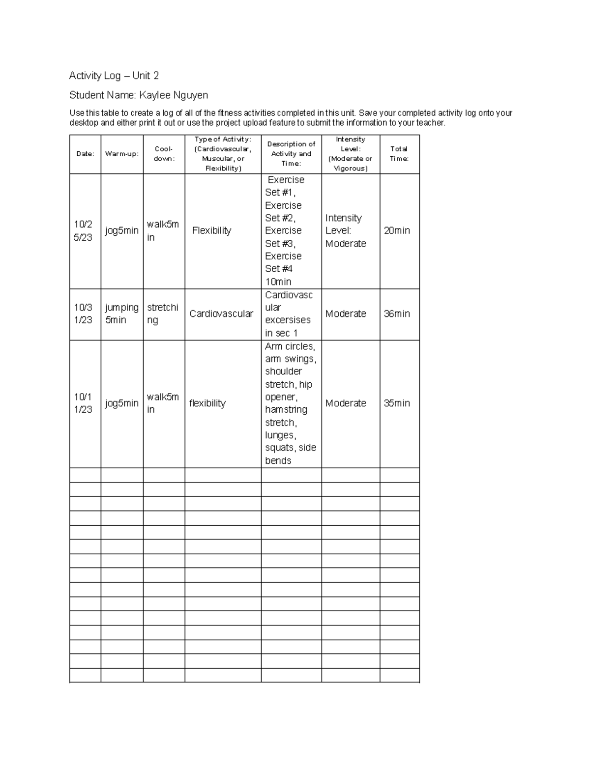 Activity Log for Fitness – Unit 2-2 Tracking Form - Studocu