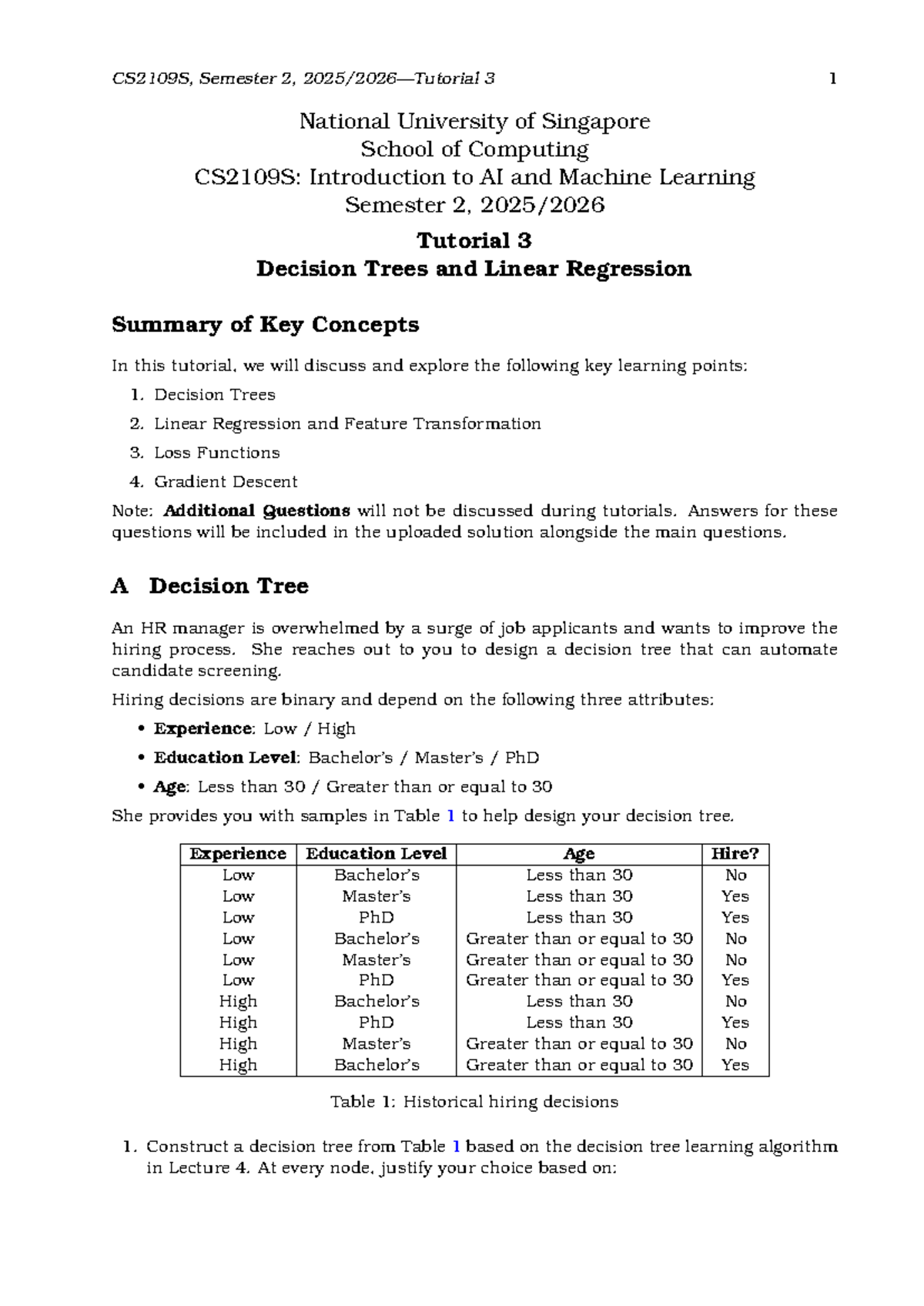 CS2109S: AI & ML Tutorial 3 - Decision Trees & Linear Regression ...
