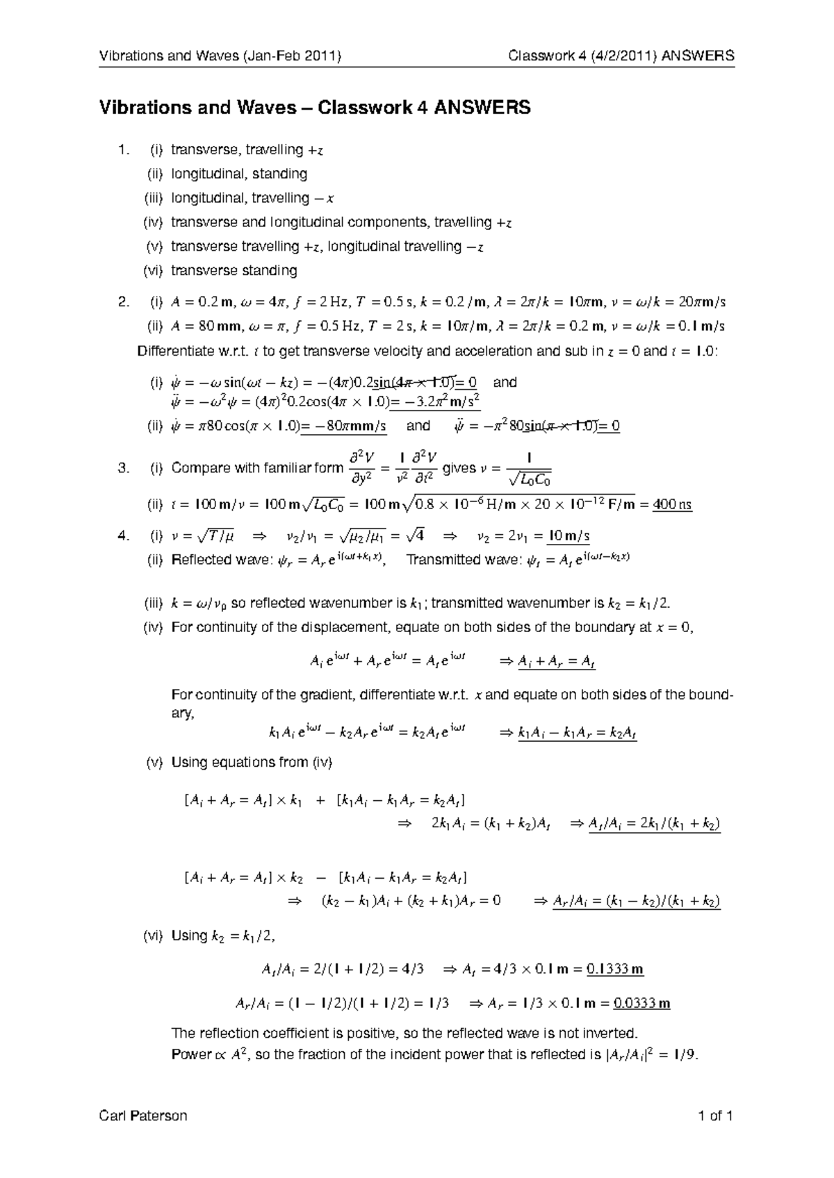 2010-2011 Classwork 4 - Solutions - Vibrations and Waves (Jan-Feb 2011 ...