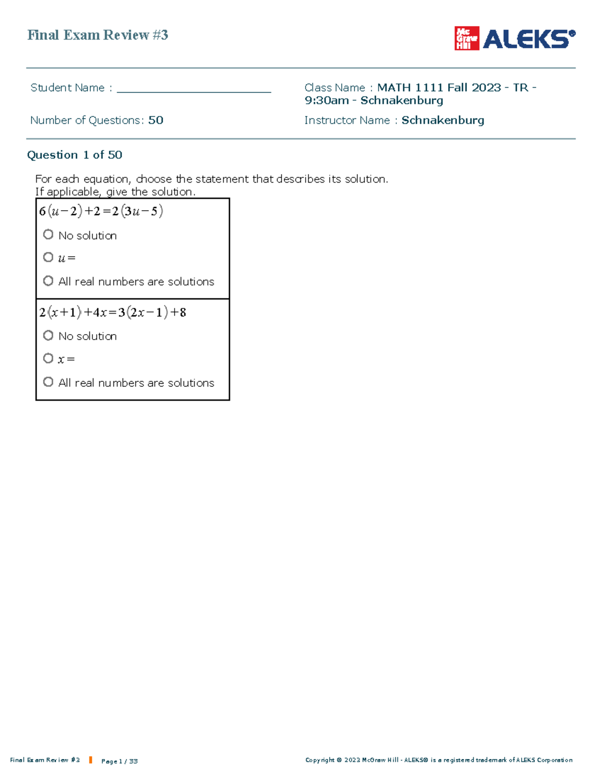 Final Exam Review for MATH 1111 - Fall 2023 (TR) Sessions - Studocu