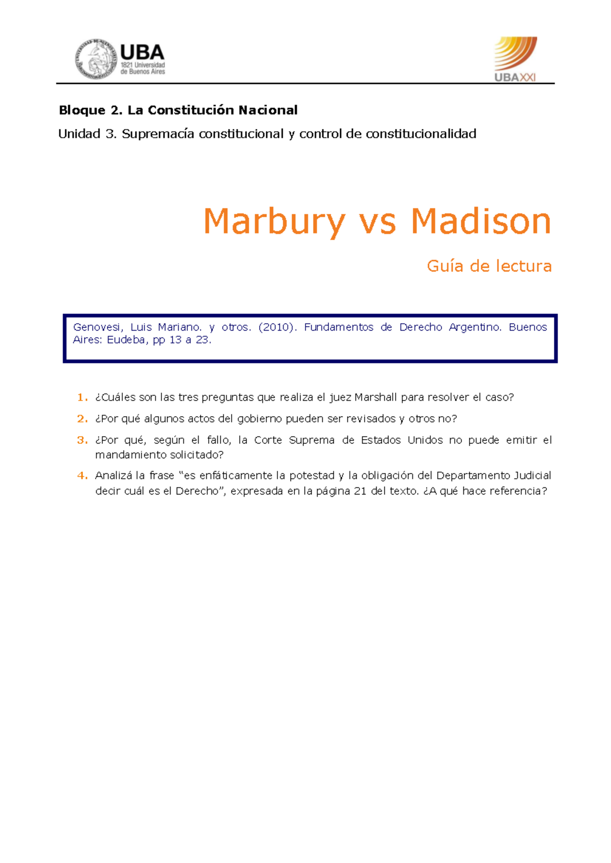 Guía de Lectura sobre Marbury vs Madison - Constitucionalidad - Studocu
