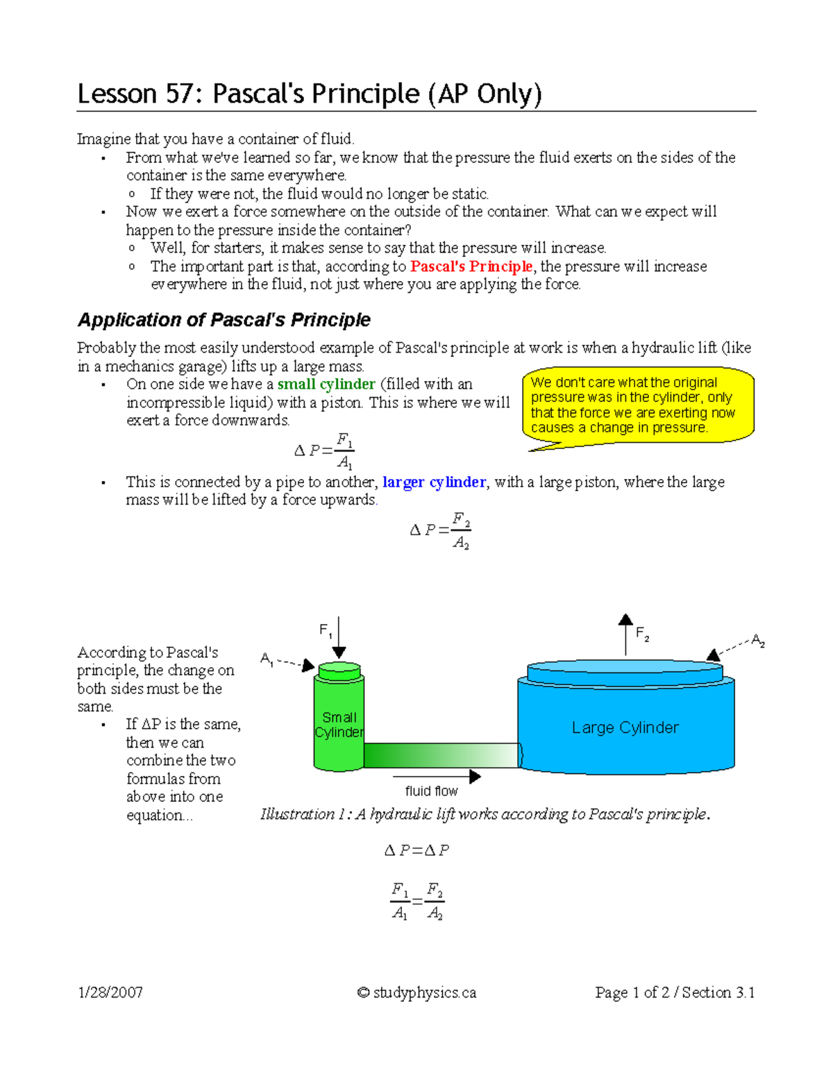 Physics 57: Detailed Lecture Notes on Pascal’s Principle with Examples ...