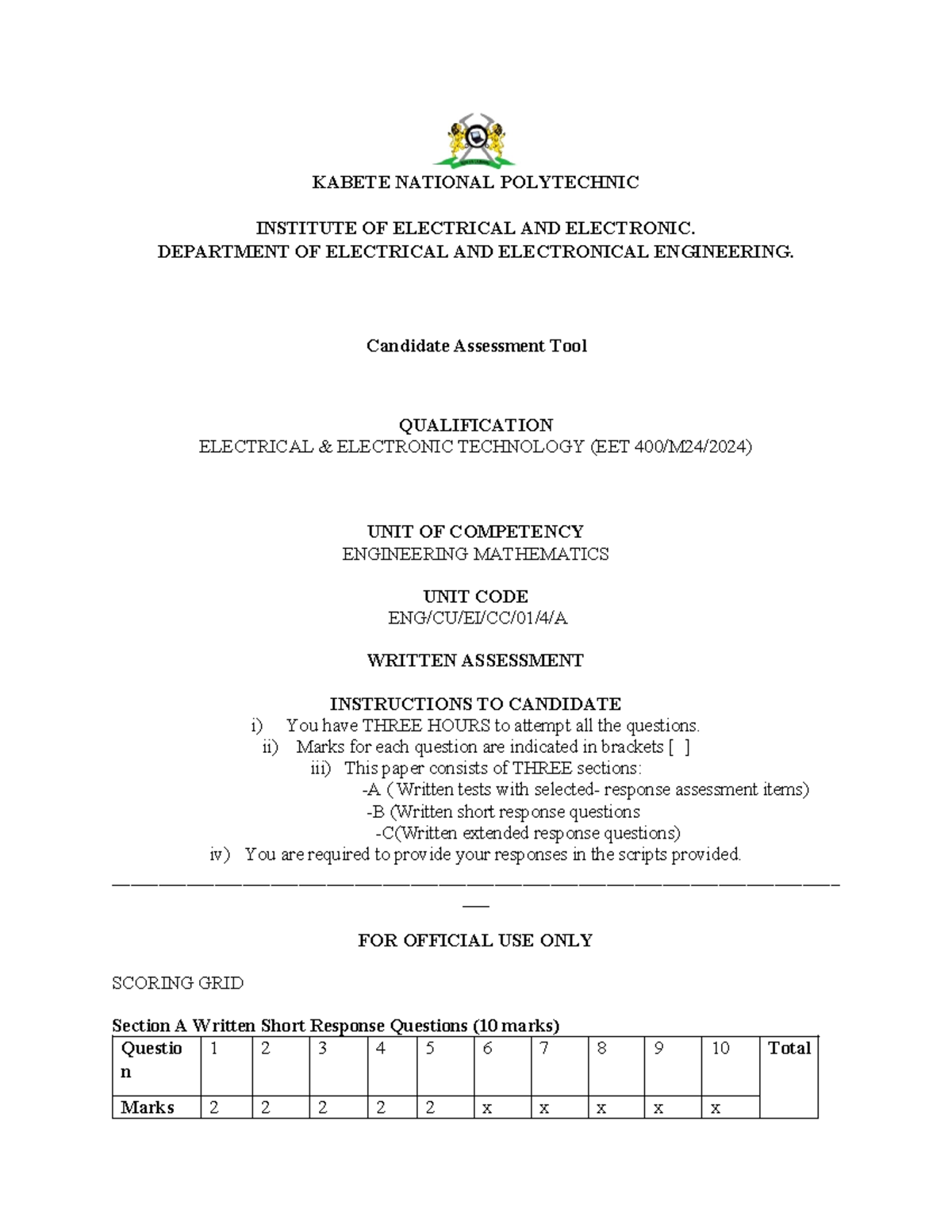 Engineering Mathematics Assessment Tool - EET Unit Code - Studocu