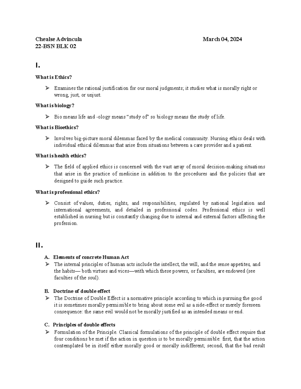 C bioethics - notes - Chealse Advincula March 04, 2024 22-BSN BLK 02 I ...