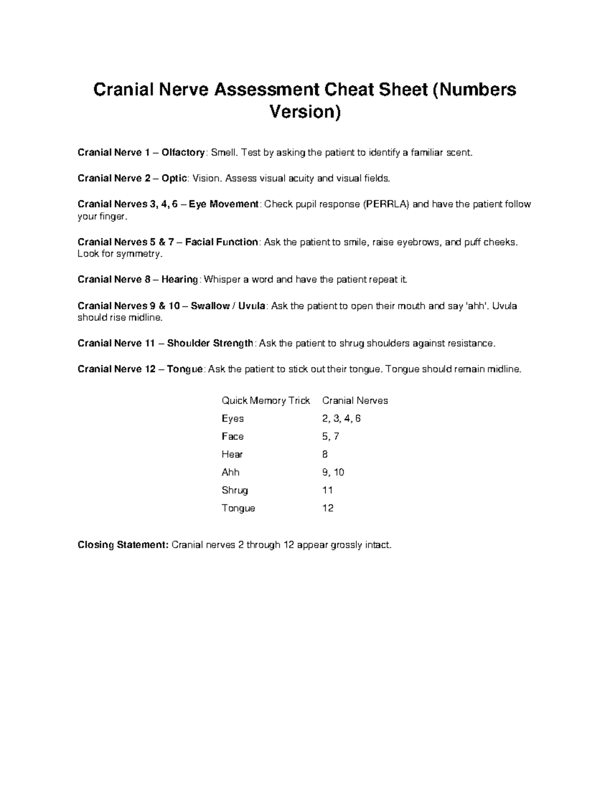 Cranial Nerve Assessment Cheat Sheet (Numbers Version) - Studocu