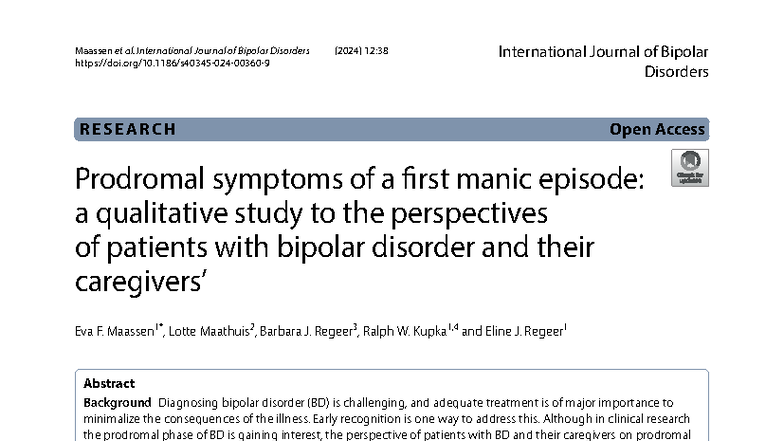 Prodromal Symptoms of First Manic Episode in Bipolar Disorder: A ...