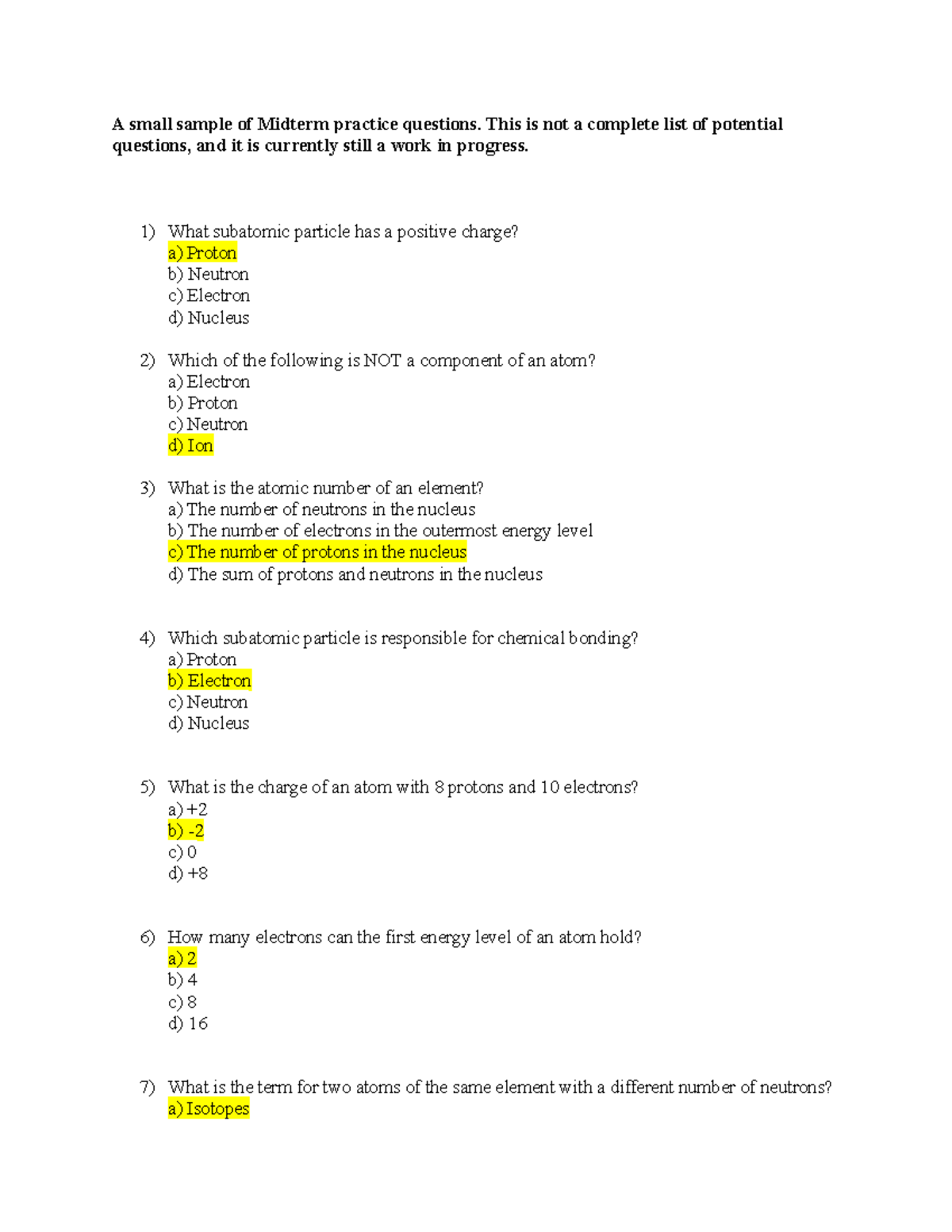 Midterm MC Practice Questions for Chemistry Concepts - Studocu