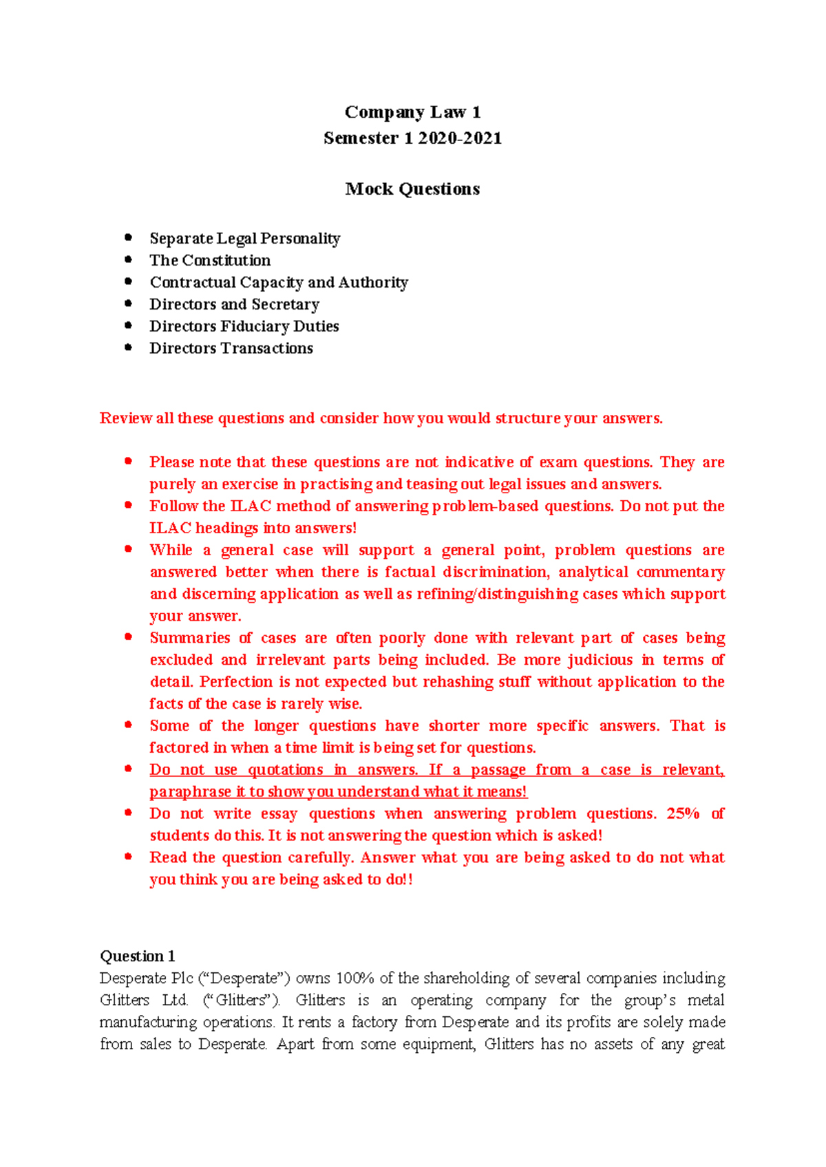 Company Law 1 Semester 1: Mock Questions and Key Legal Issues (Week 7 ...