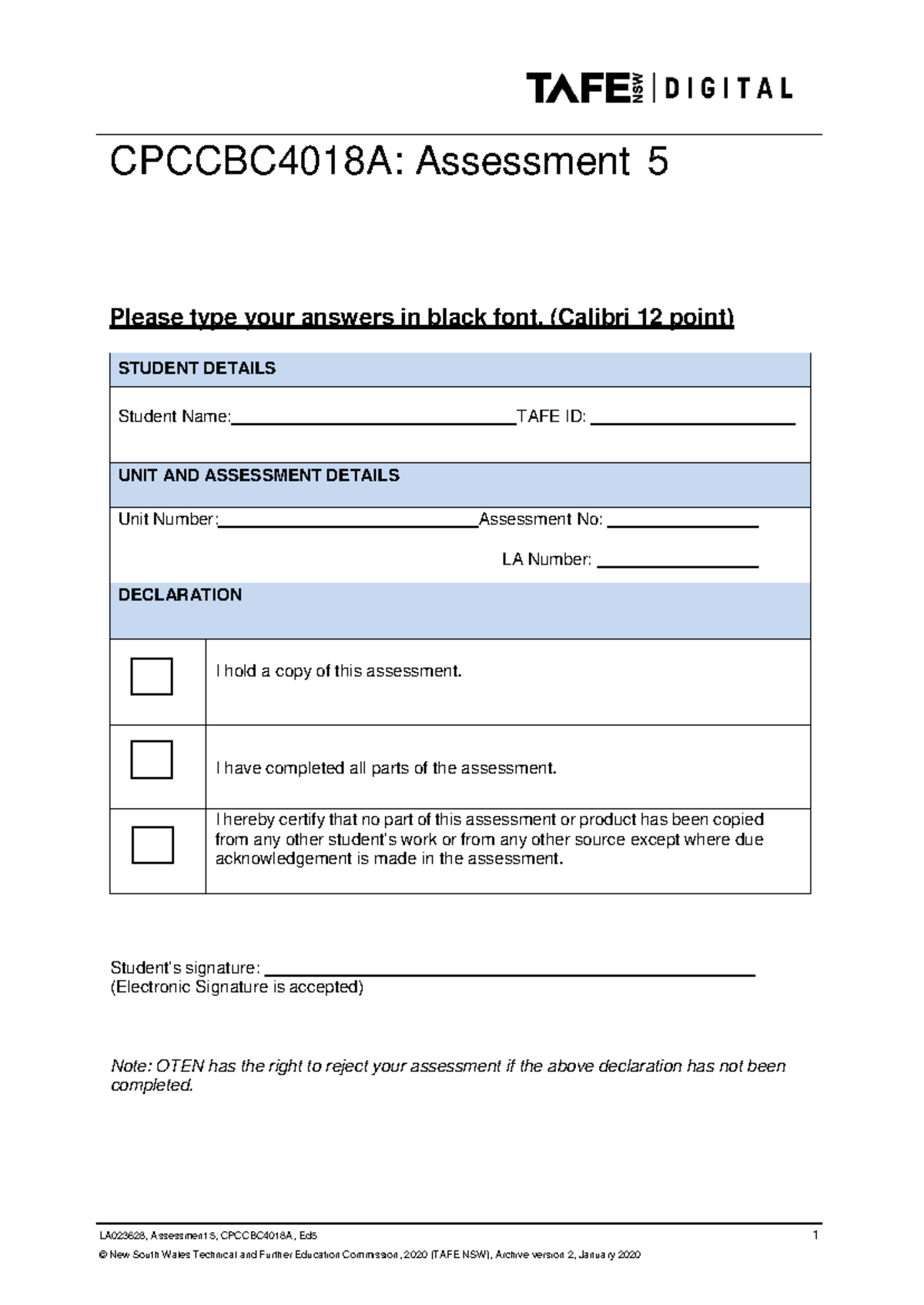 CPCCBC4018A Assessment 5 Answer Sheet for Certificate IV in Building ...