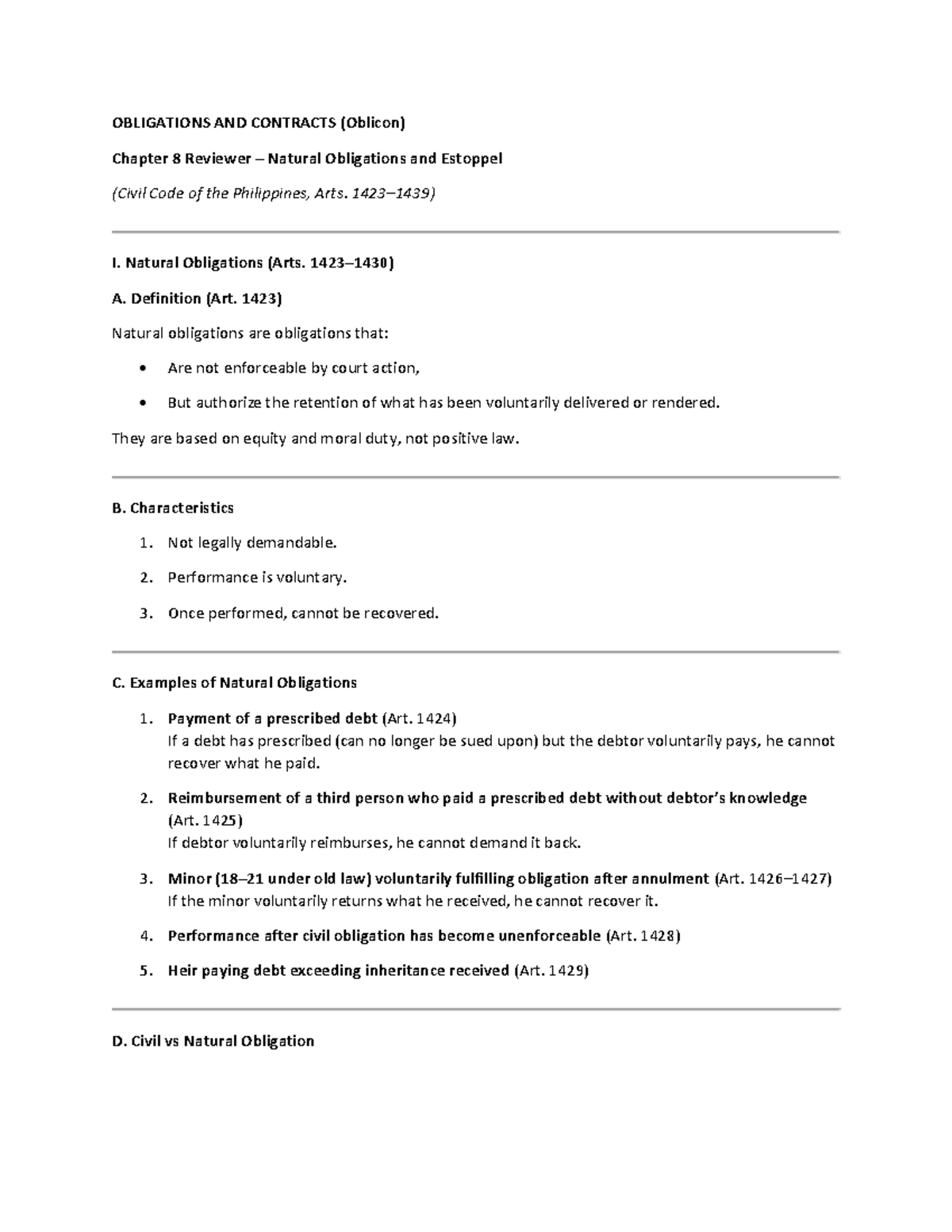 OBLIGATIONS AND CONTRACTS (Oblicon) Chapter 8 Reviewer: Natural ...