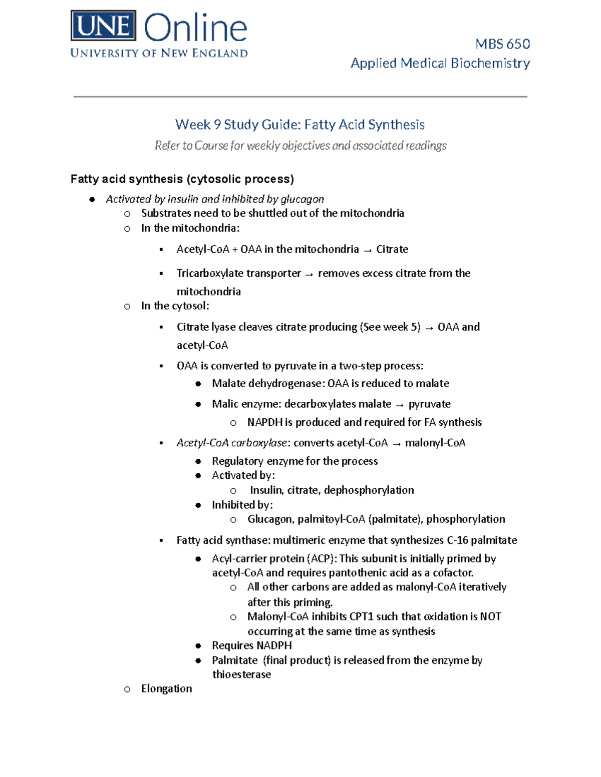 MBS 650 Week 9 Study Guide: Fatty Acid Synthesis Overview - Studocu