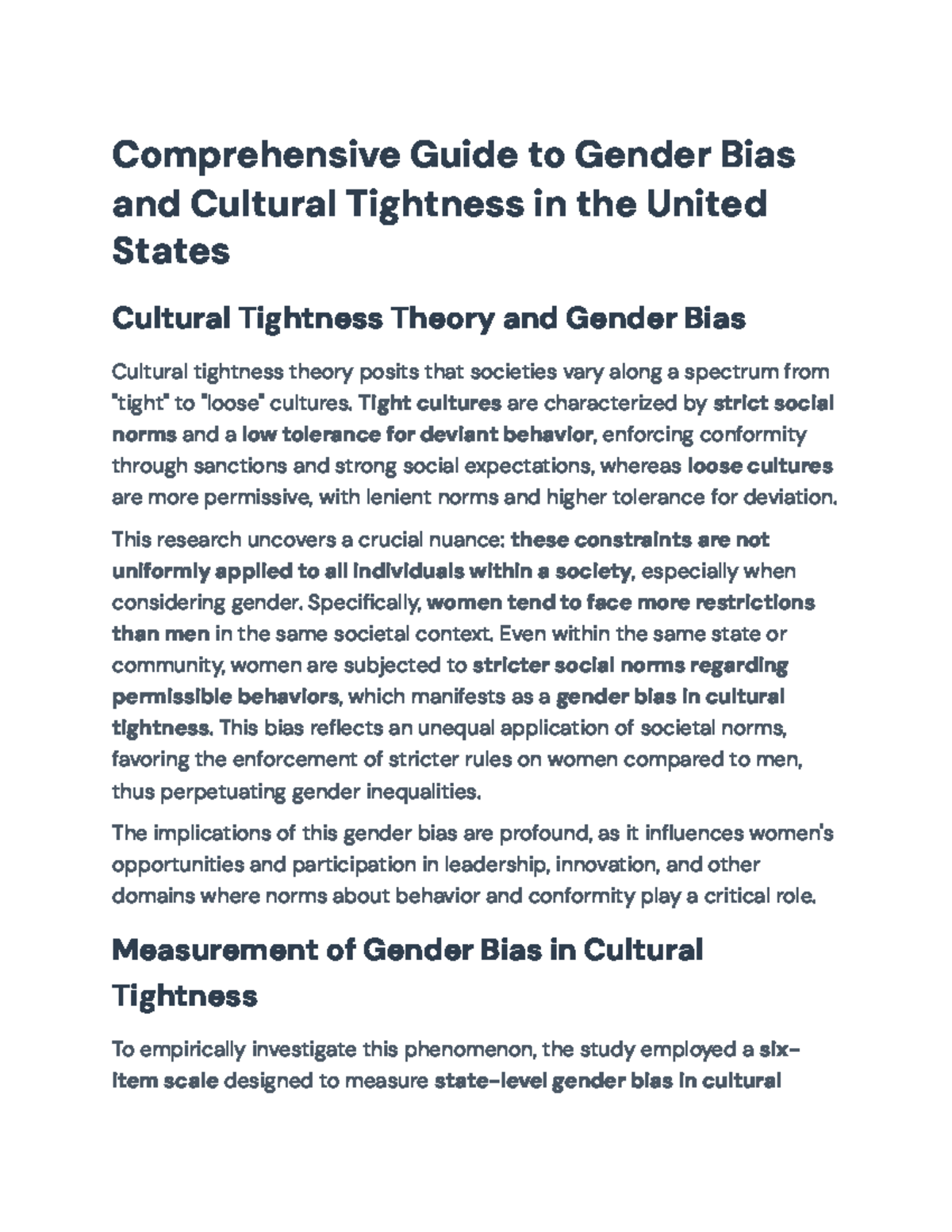 Understanding Gender Bias and Cultural Tightness in the US ...