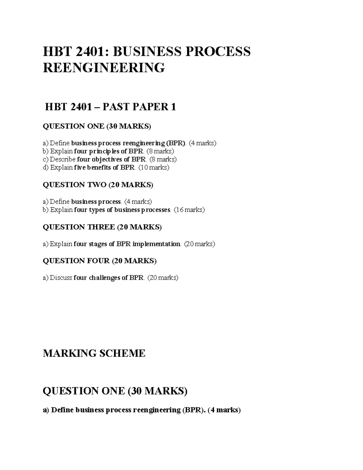 HBT 2401: Business Process Reengineering Past Paper Analysis - Studocu