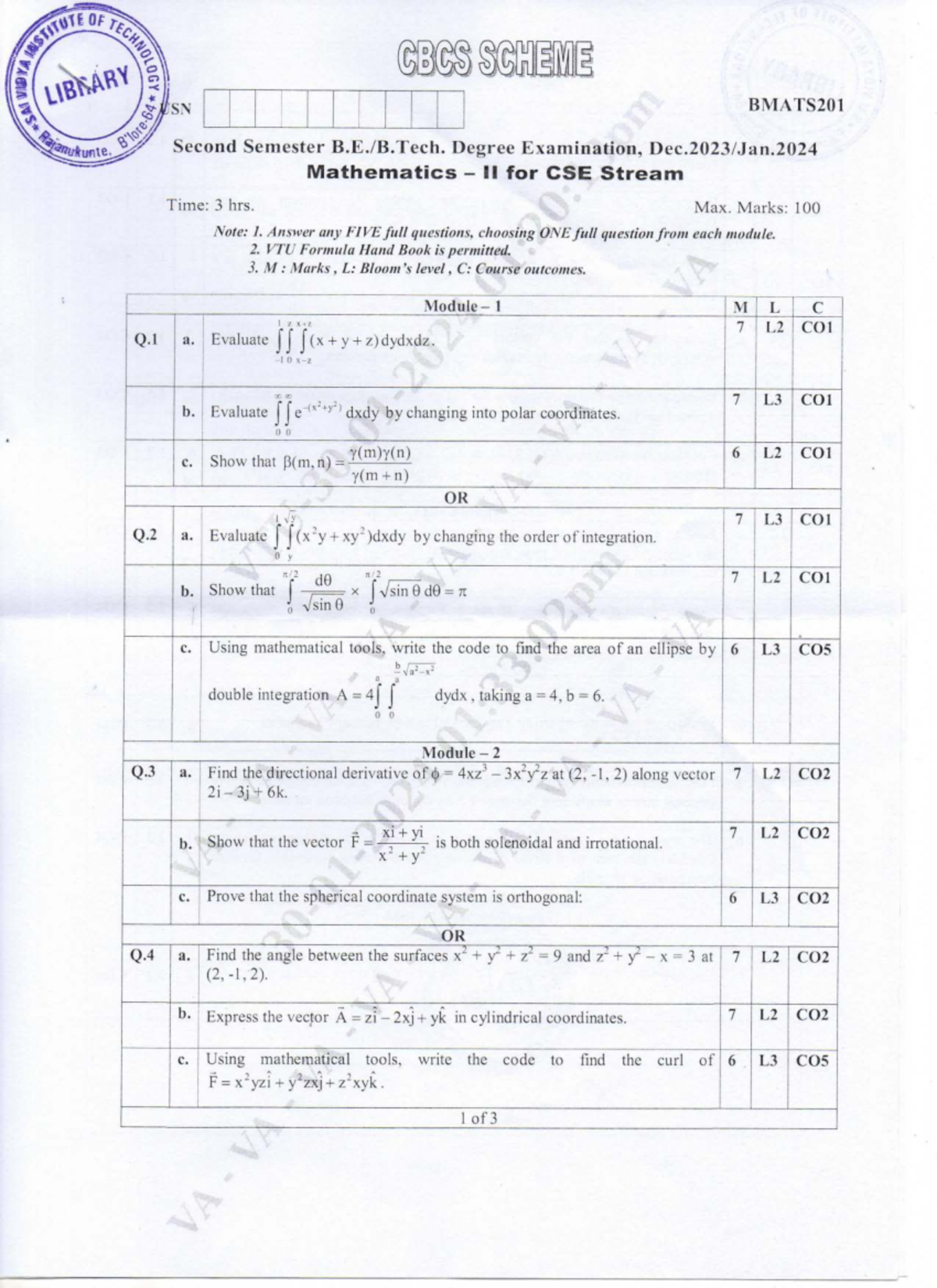 Mathematics II for CSE Stream (BMATS201) - Exam Paper Dec 2023 - Studocu