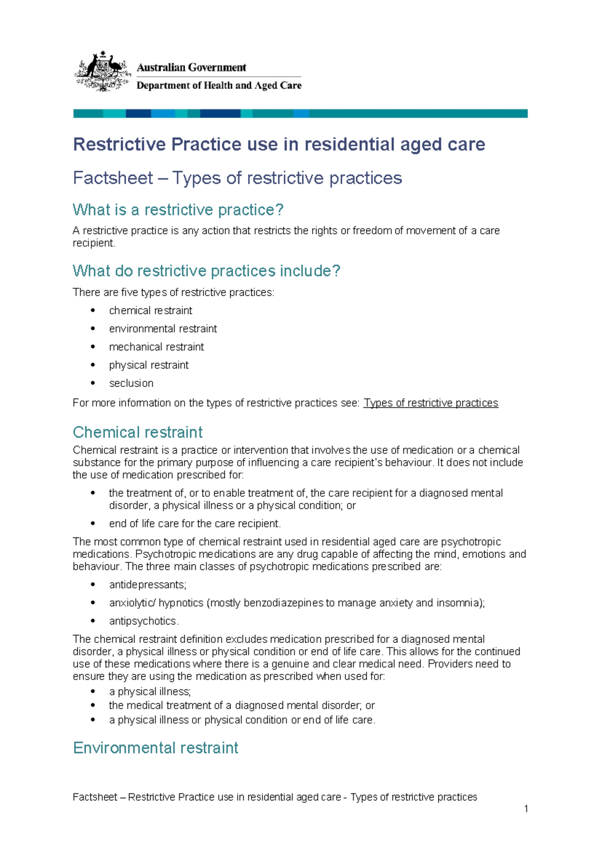Factsheet on Types of Restrictive Practices in Aged Care - Studocu