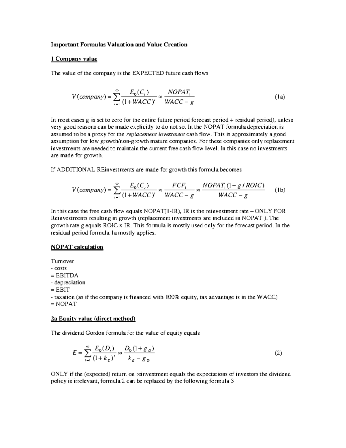 Lecture Notes, Corporate Valuation - Key Formulas and Concepts ...