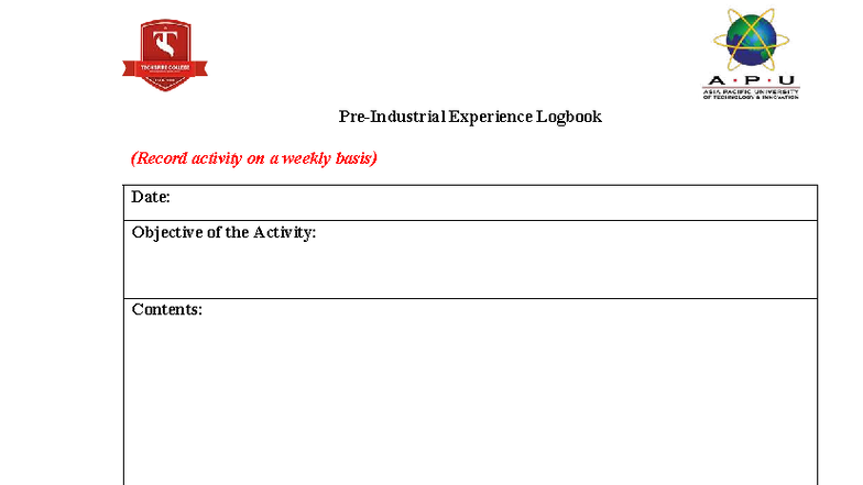 Internship Guide: Weekly Experience Logbook Overview - Studocu