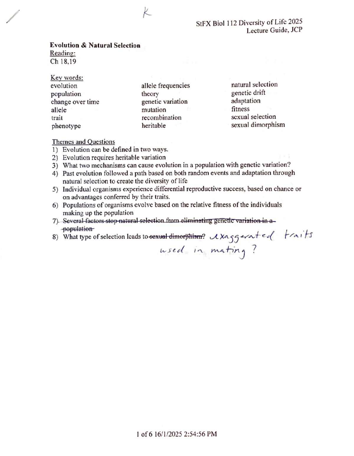 Final Exam Study Guide for StFX Biol 112: Evolution & Natural Selection ...