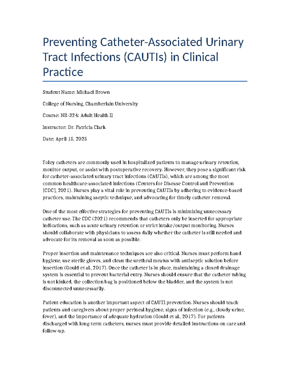 Preventing CAUTIs in clinical practice: Essay 4 for Adult Health II ...