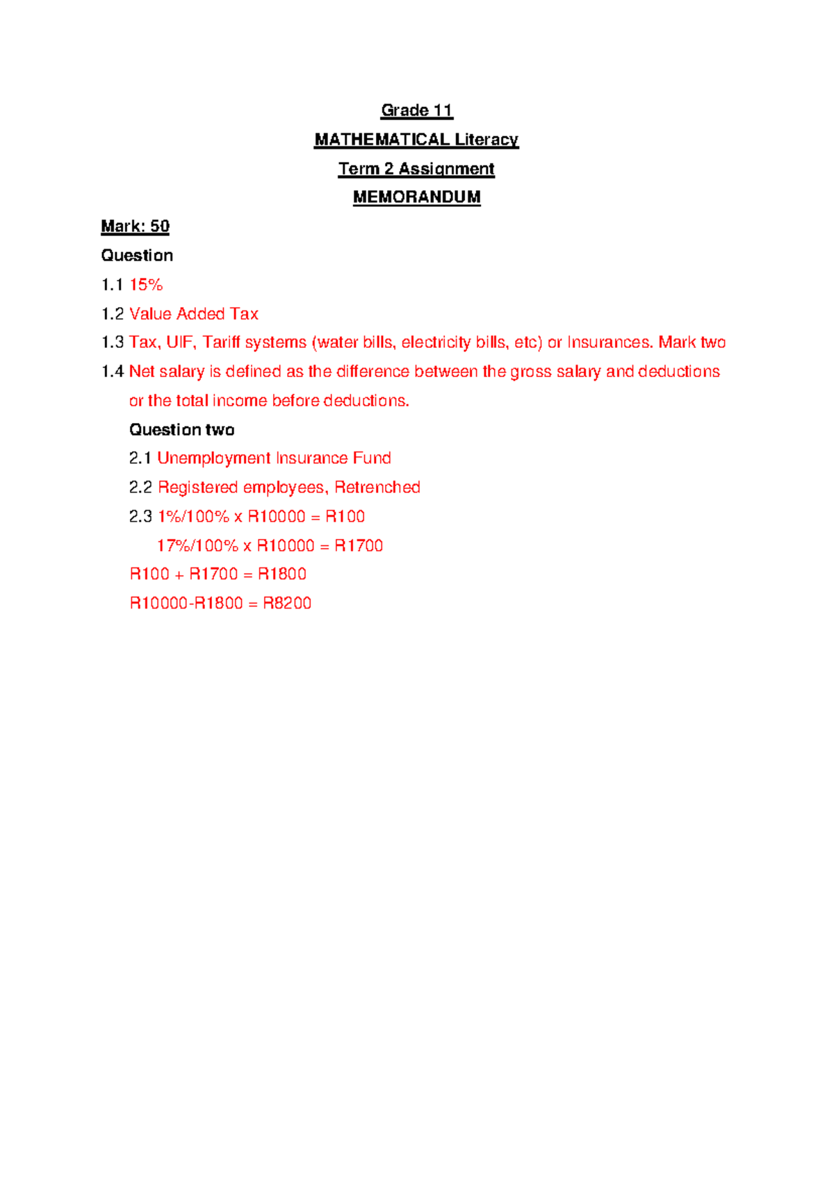 Grade 11 Term 2 assignment memo - Grade 11 MATHEMATICAL Literacy Term 2 ...
