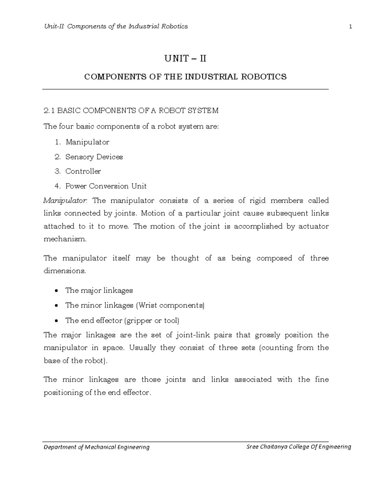Unit II: Components of Industrial Robotics (ME Course) - Studocu
