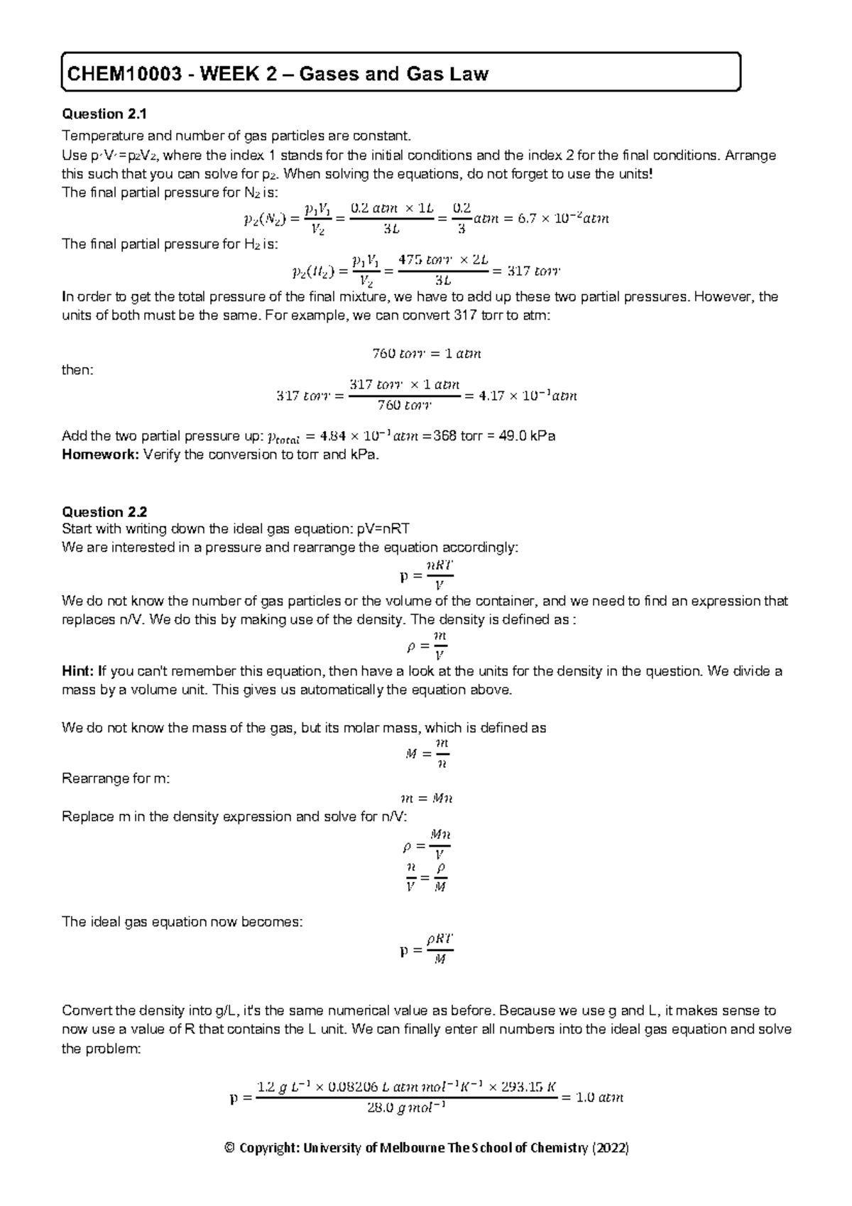 Week 2 CHEM10003 Gases and Gas Law Tutorial Solutions S1 2022 - Studocu