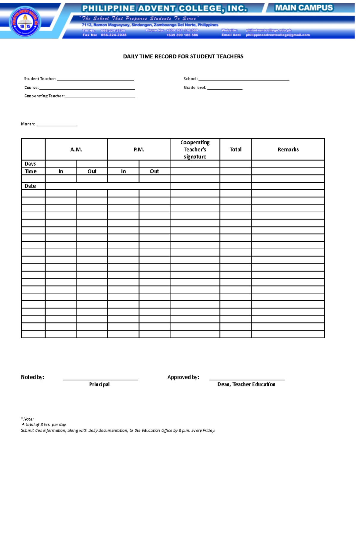 Daily TIME Sheet FOR Student Teachers copy - DAILY TIME RECORD FOR ...