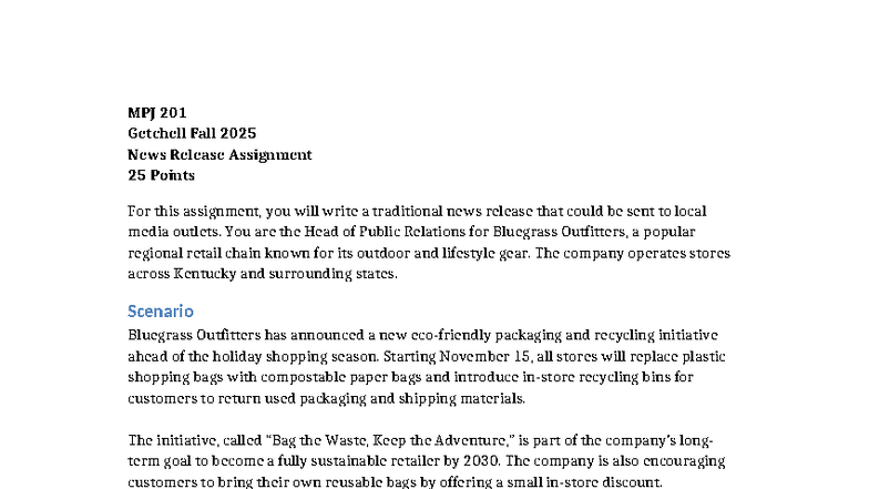 MPJ 201 Fall 2025 News Release: Bluegrass Outfitters' Eco Initiative ...