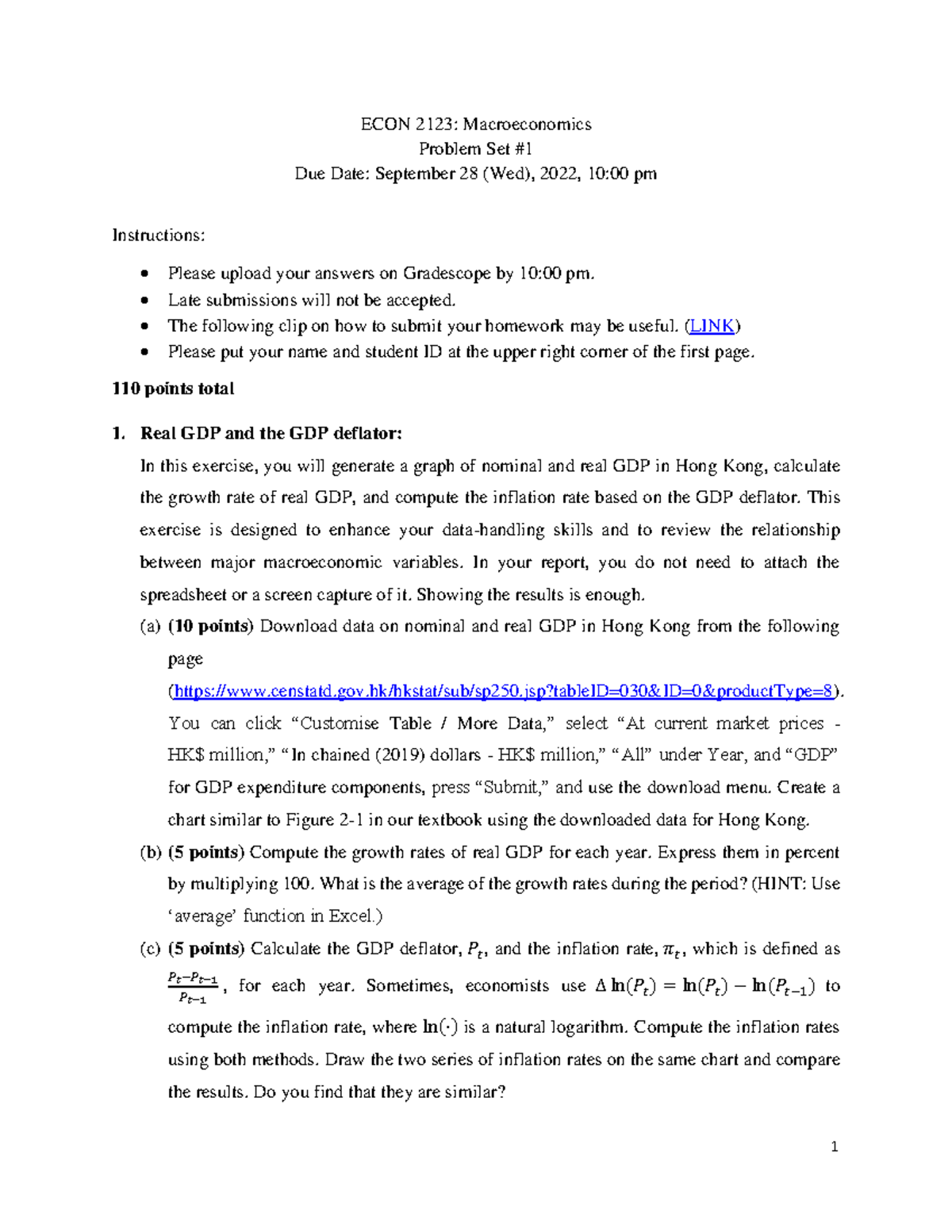 ECON 2123: Macroeconomics Problem Set #1 - GDP Analysis & Calculations ...