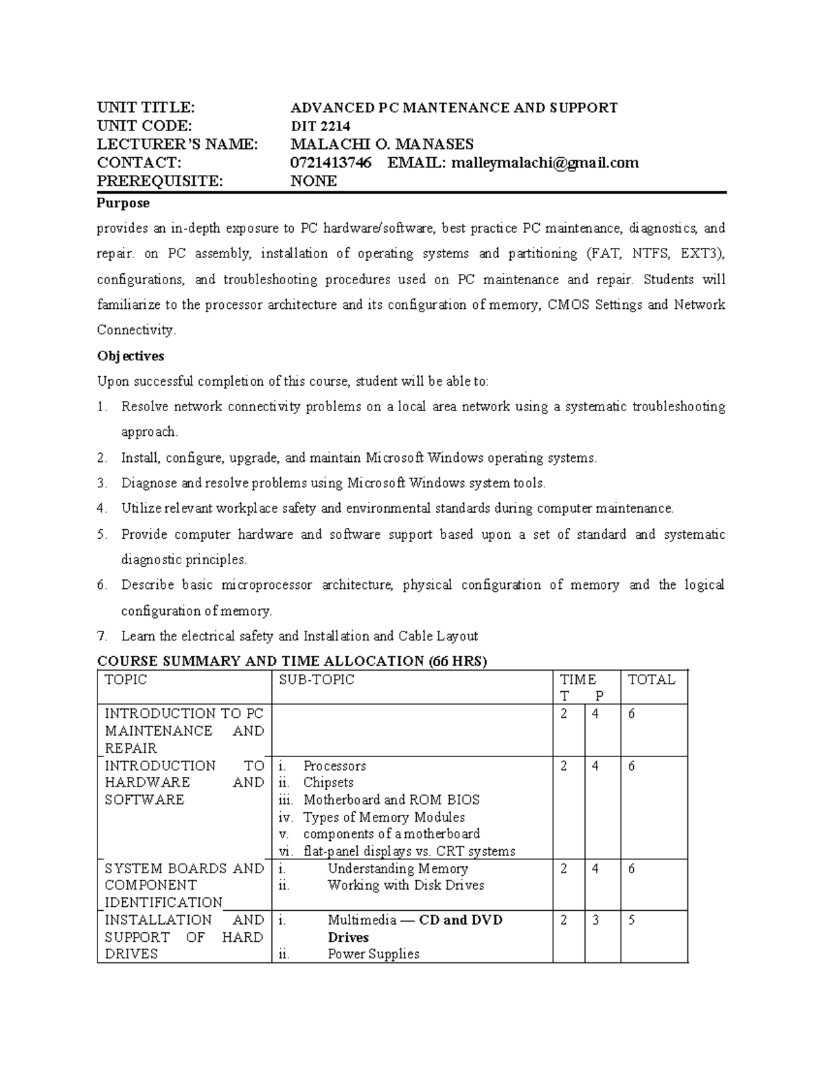2214 Advanced PC Maintenance and Support Course Outline - Studocu
