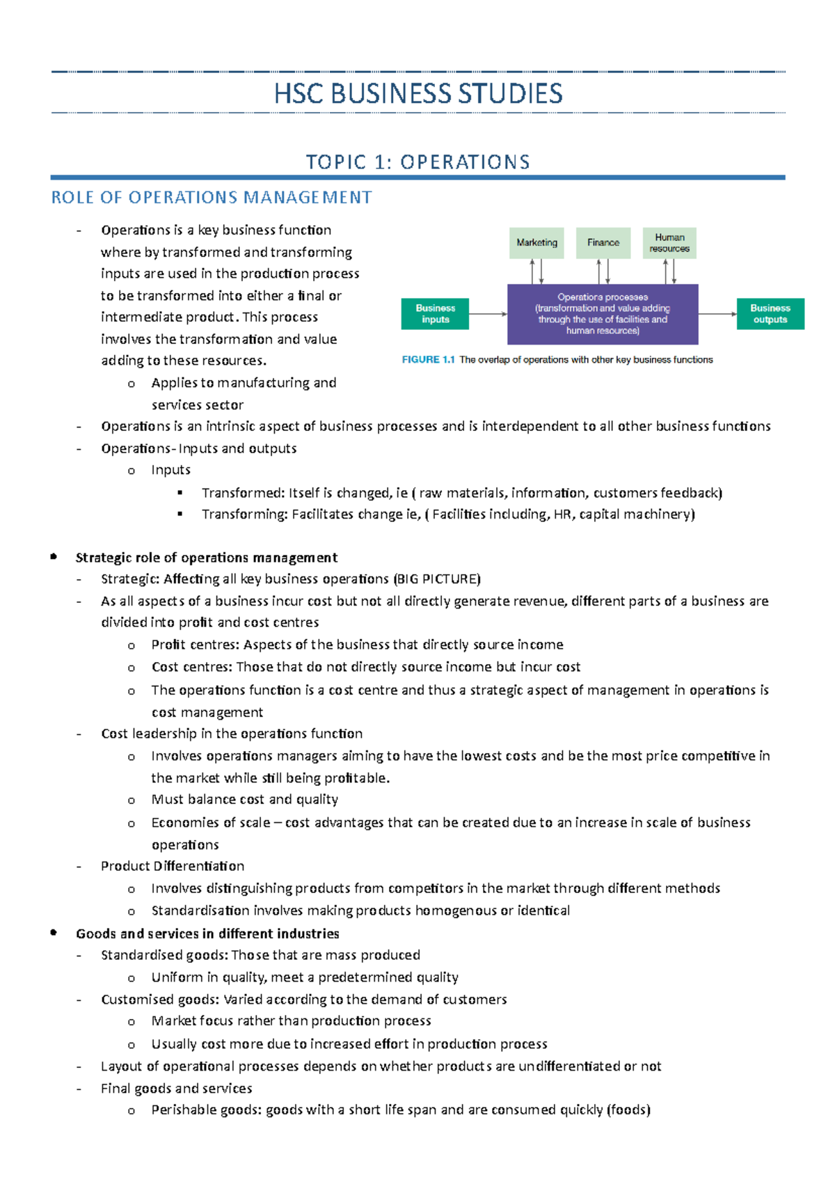 HSC Business Studies: Key Points on Operations Management - Studocu