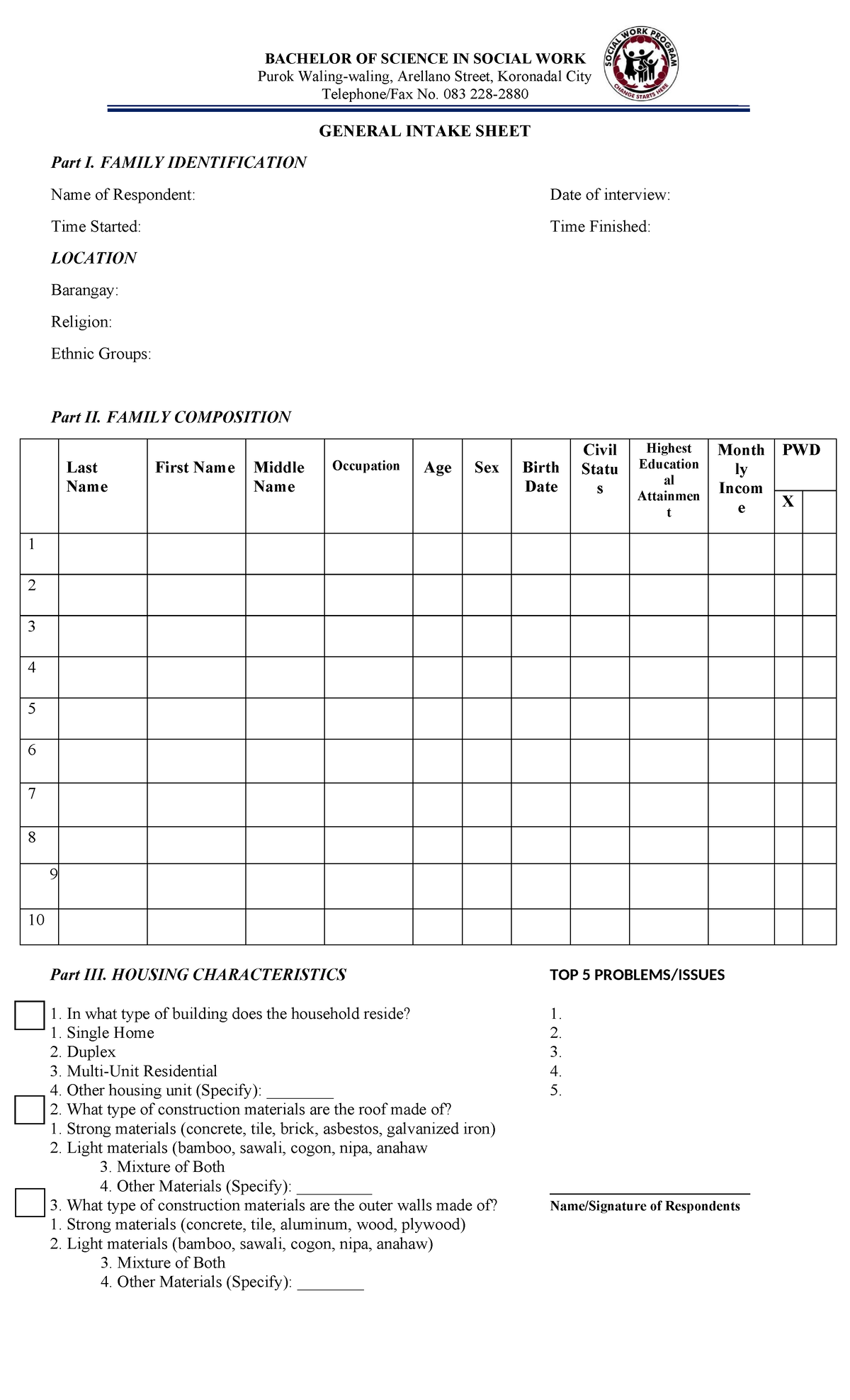 Survey form for CO - BACHELOR OF SCIENCE IN SOCIAL WORK Purok Waling ...