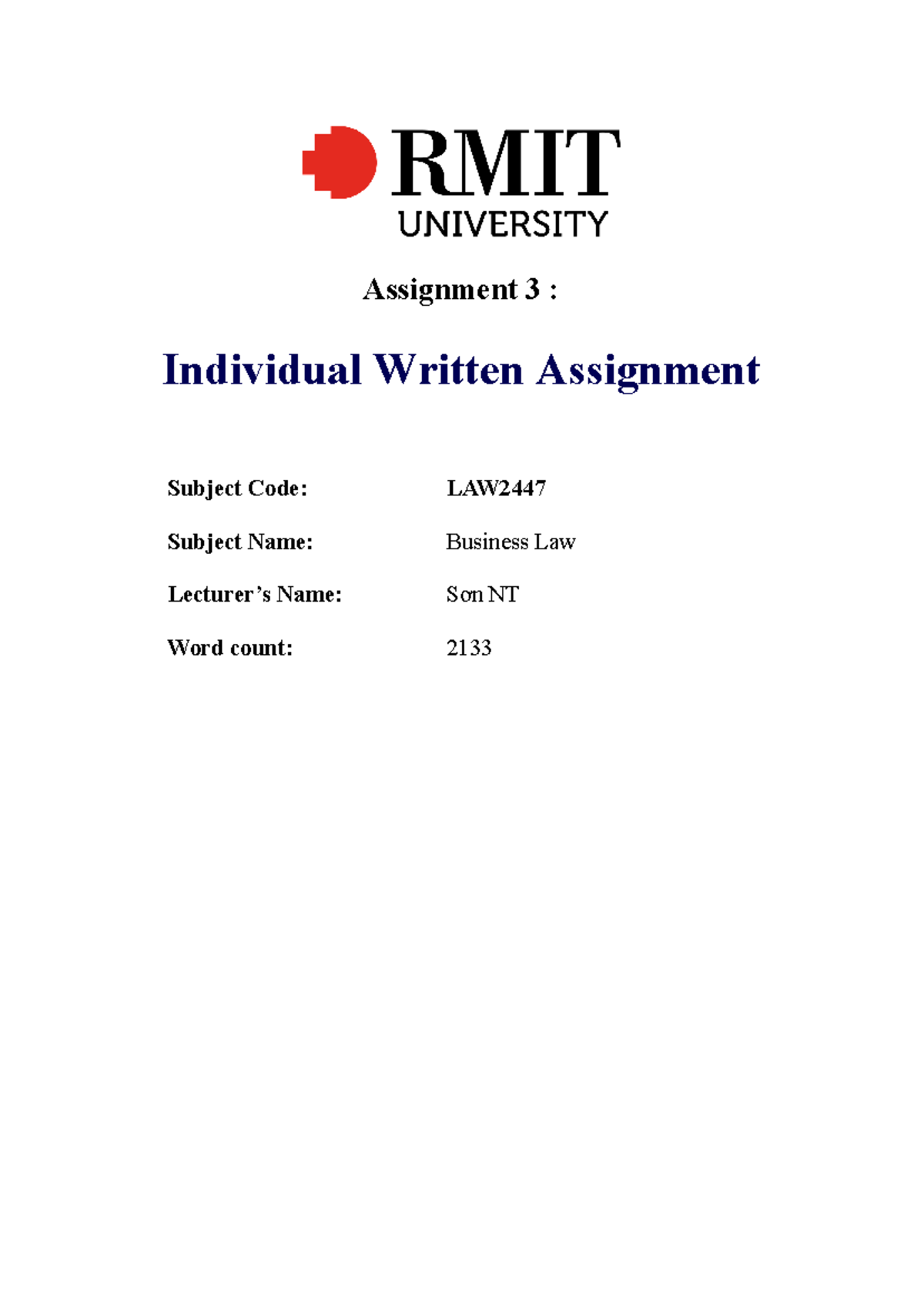 LAW2447 asm3 - This is my work for business law asm 3, I got DI ...