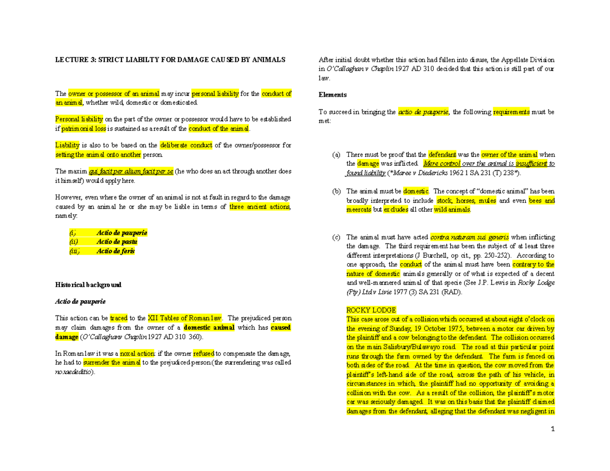 LECTURE 3: STRICT LIABILITY FOR DAMAGE CAUSED BY ANIMALS - Studocu