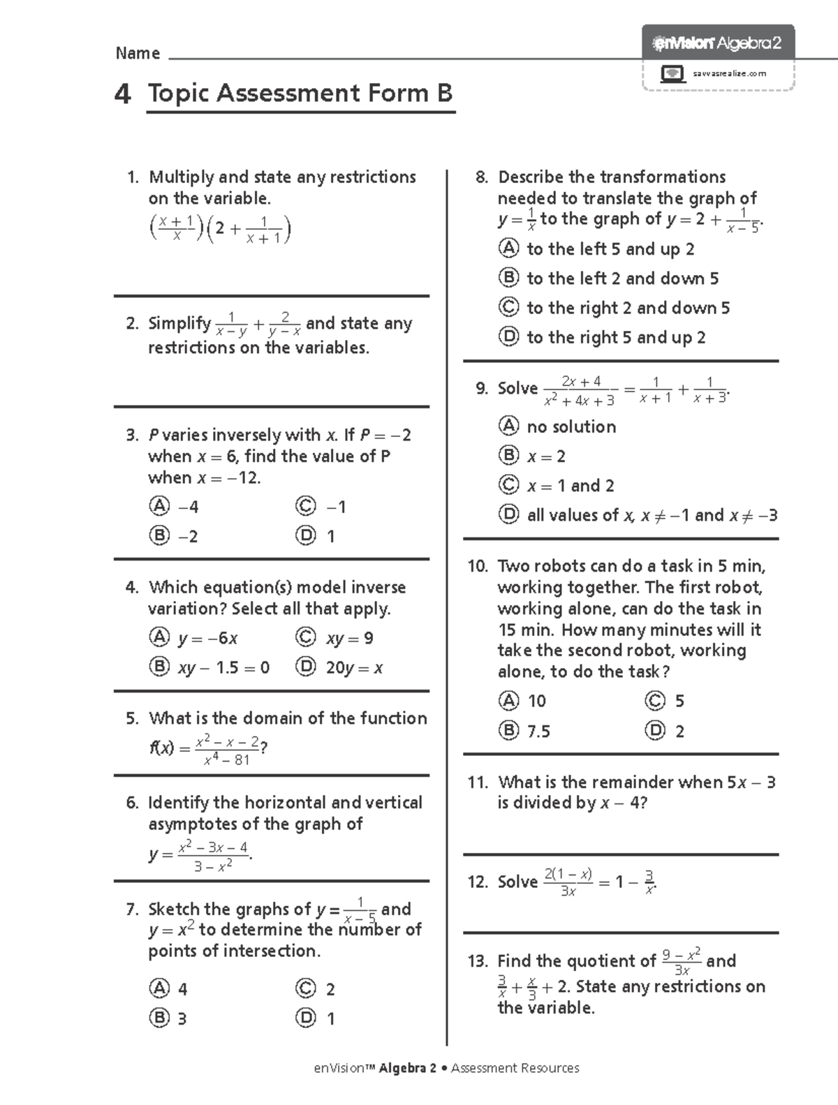 Algebra 2 Topic 4 Form B Assessment - Savvas Realize - Studocu