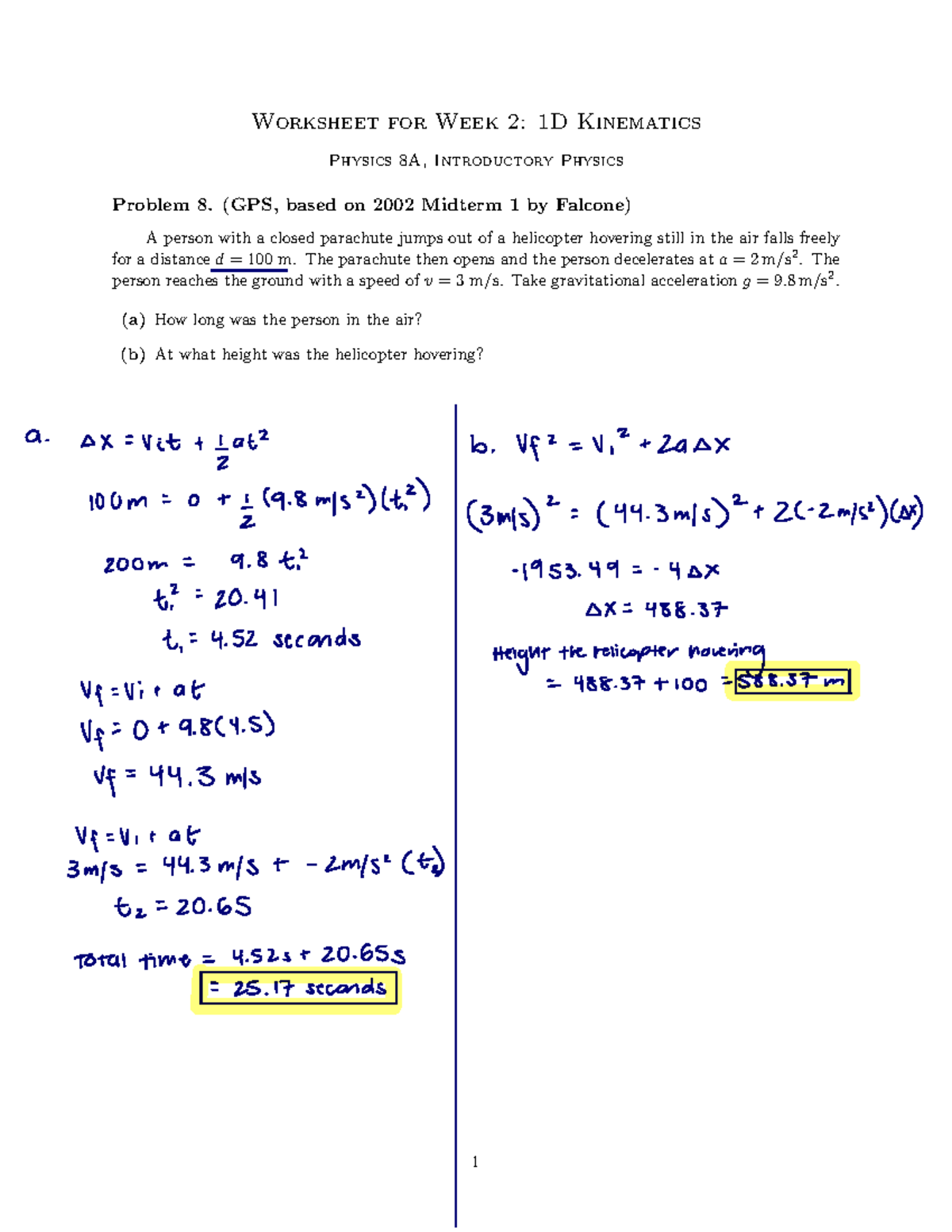 Worksheet for Week 2: 1D Kinematics in Physics 8A (Midterm 2002) - Studocu