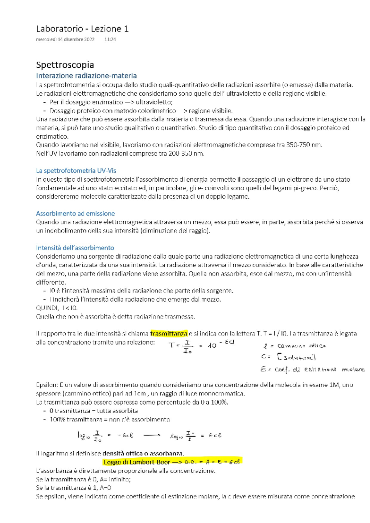 Laboratorio di Biochimica: Spettri di Assorbimento e Dosaggio Enzimatico - Document Preview