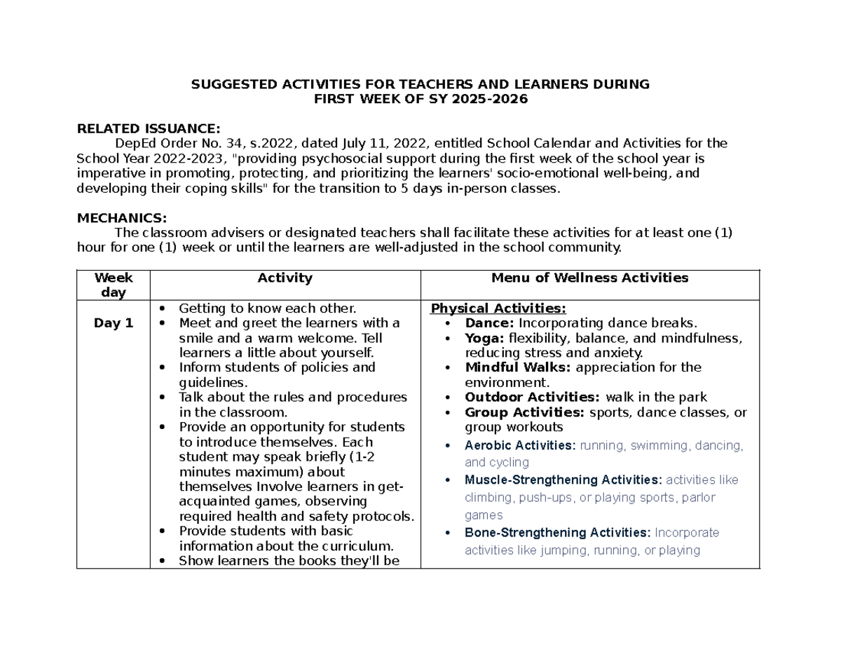 Suggested Activities for Teachers & Learners: DepEd Order No. 34, s ...