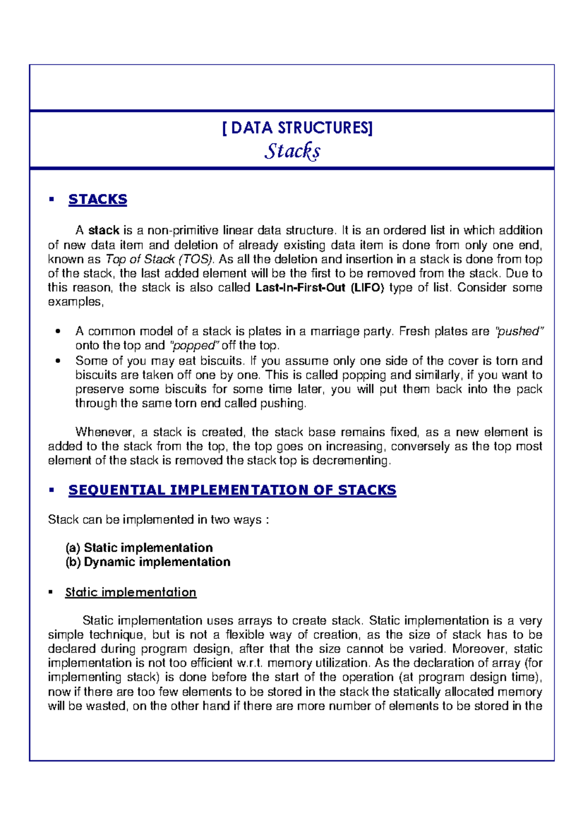 Stacks - DATA Structures (CS101) Lecture Notes - Studocu