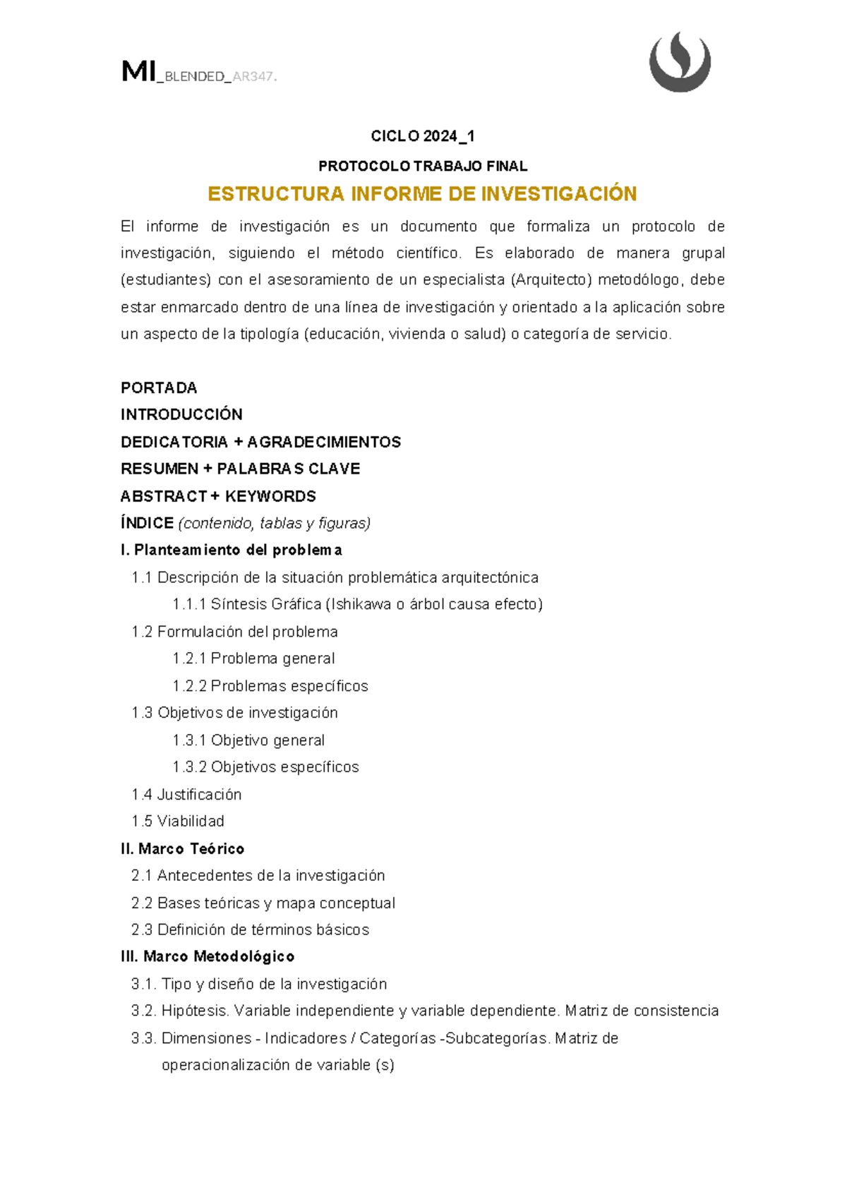 Protocolo Final AR347 - Estructura Informe de Investigación 2024 - Studocu