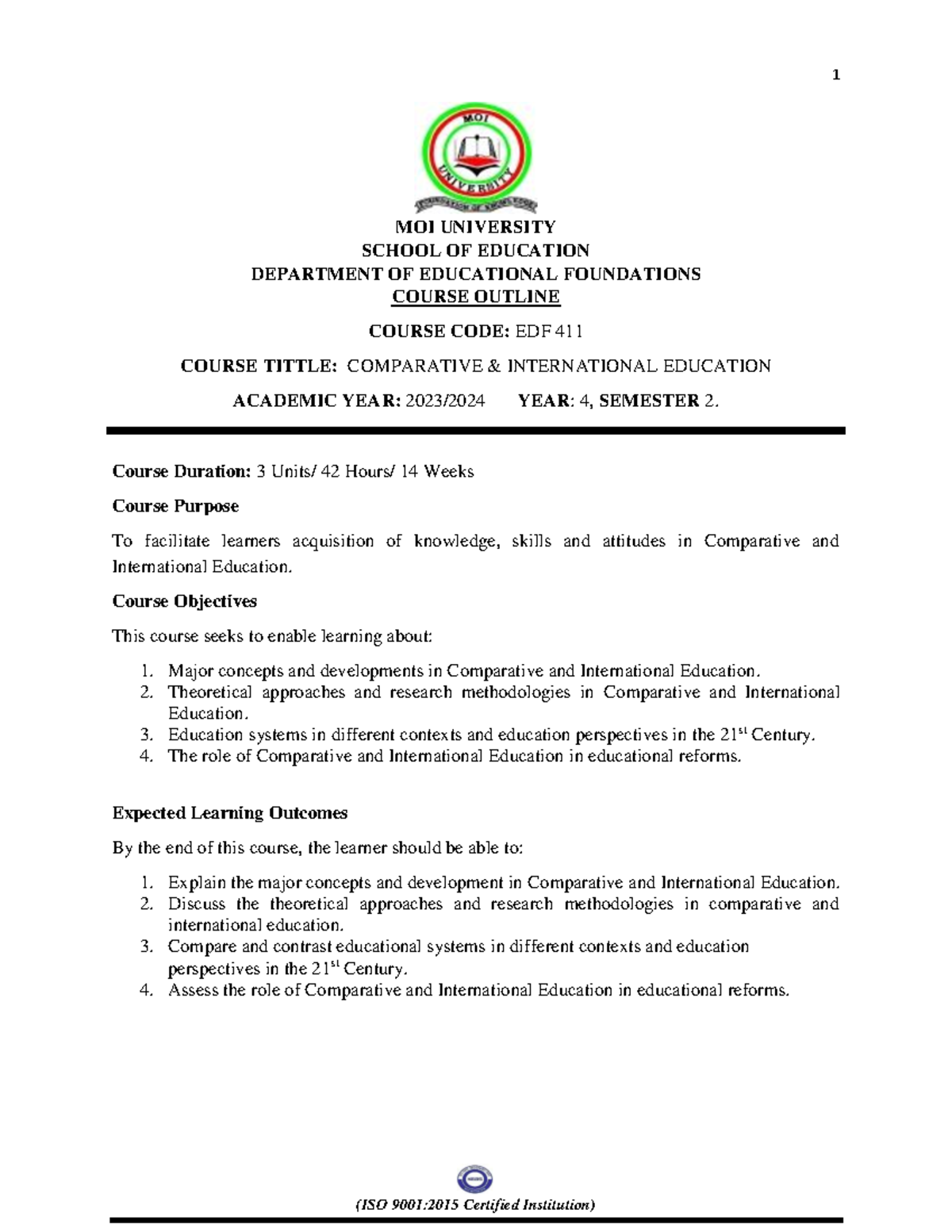 EDF 411 Comparative & International Education Course Outline 2024 - Studocu