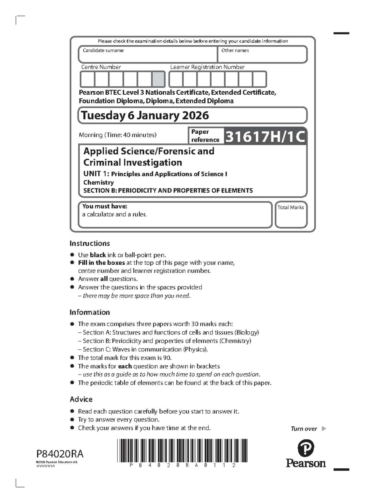 BTEC Applied Science Unit 1 Chemistry Exam Details - January 2026 - Studocu