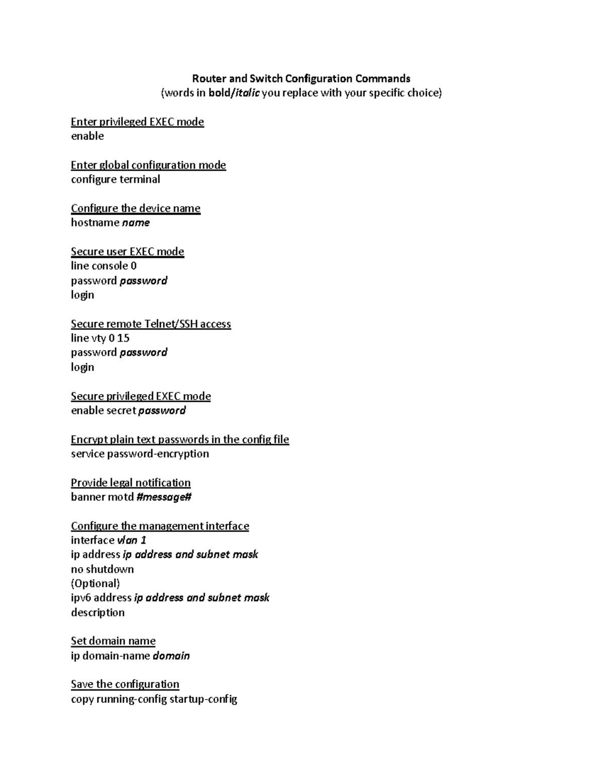 Router and Switch Configuration Commands Guide - Studocu