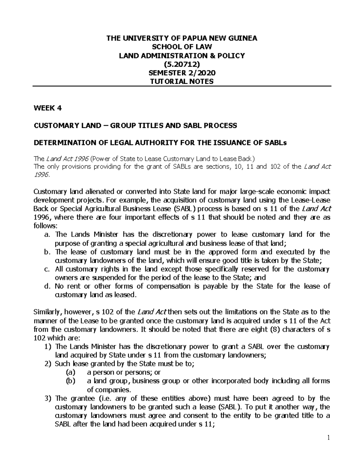 LAAP (5.20712) Tutorial Notes: Week 4 - Customary Land & SABL Process ...