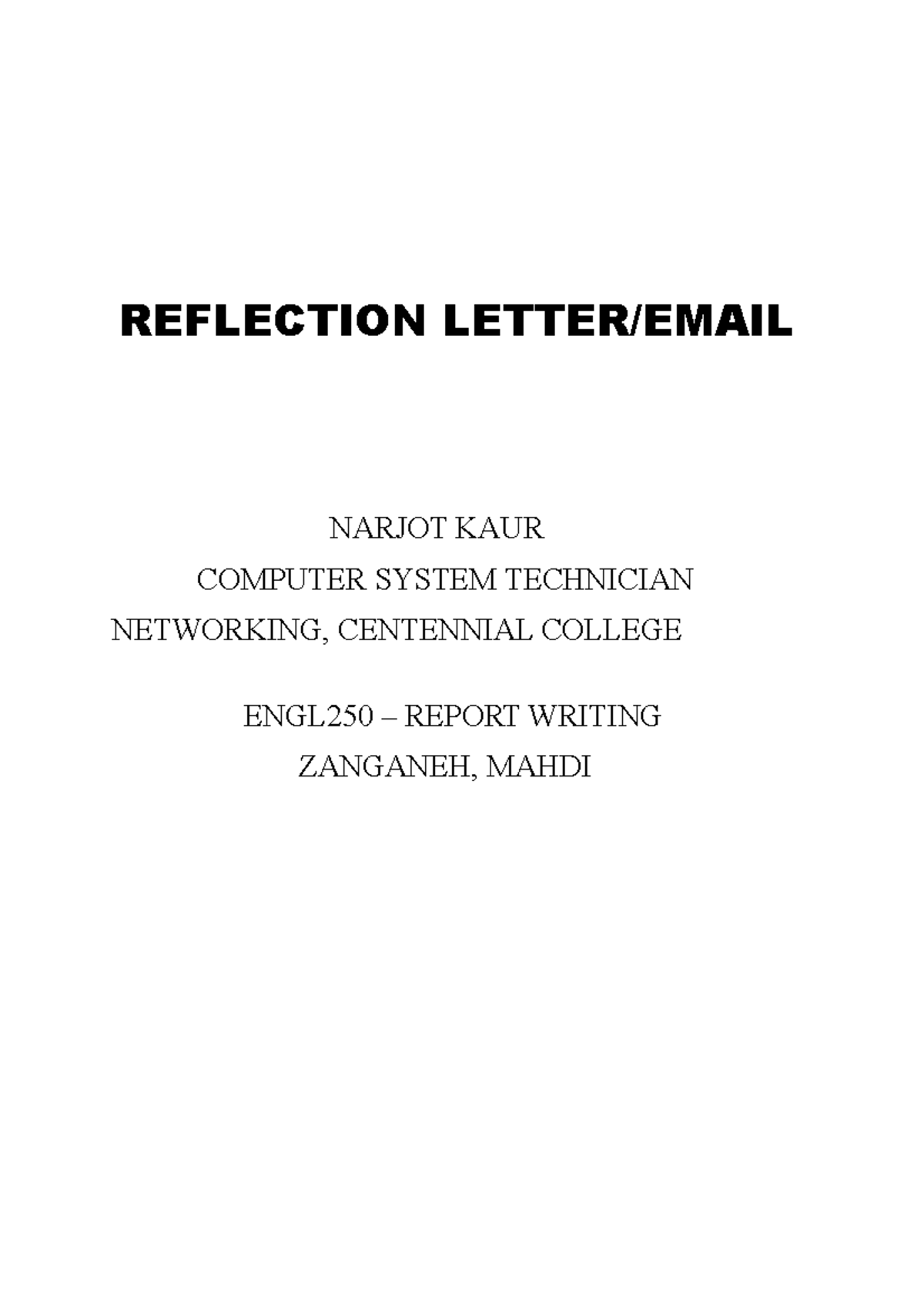 Reflection Letter - VERY USEFUL - REFLECTION LETTER/EMAIL NARJOT KAUR ...