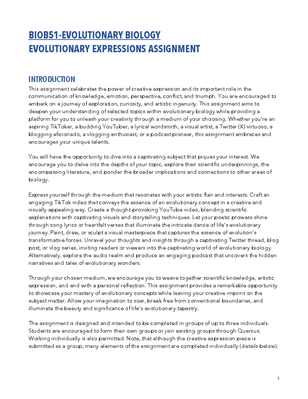 BIOB51 Evolutionary Expressions Assignment Overview - Winter 2025 - Studocu