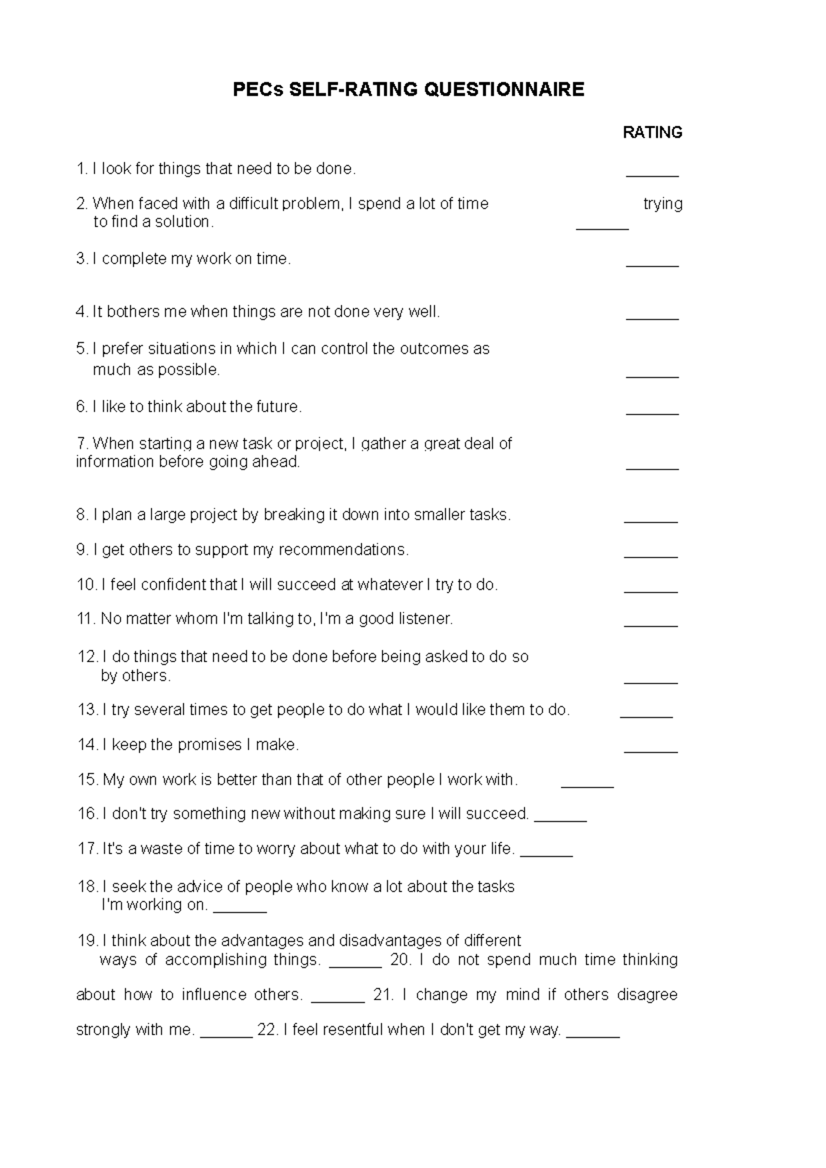 PECs Self Rating Questionnaire - PECs SELF-RATING QUESTIONNAIRE RATING ...
